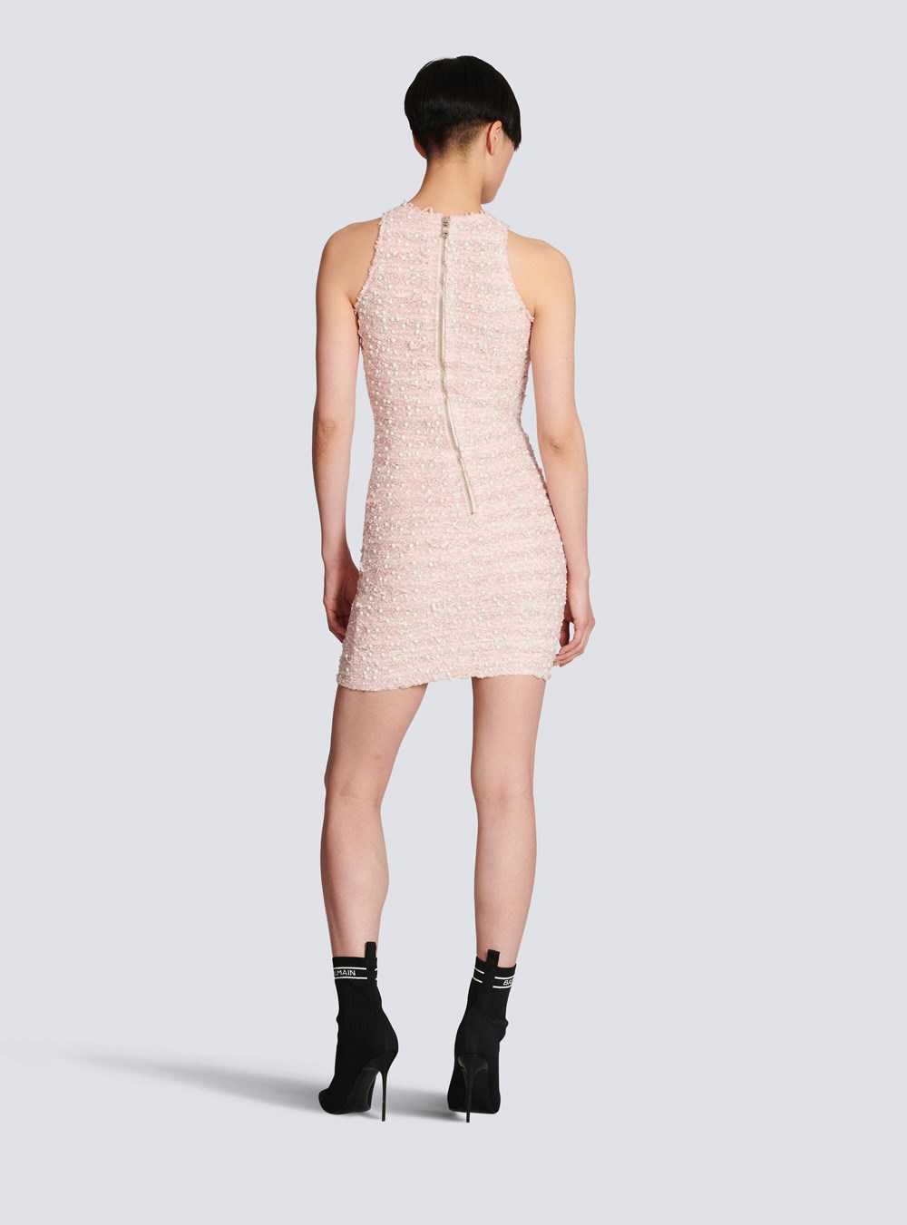 Balmain Tweed Dress With Embroidery Pink | WZAQVKO-06