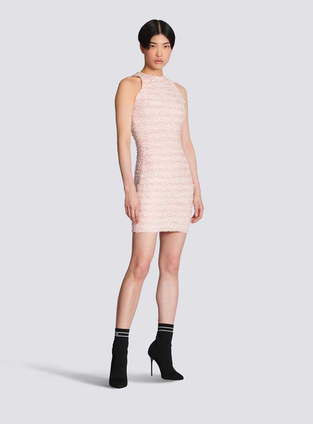 Balmain Tweed Dress With Embroidery Pink | WZAQVKO-06