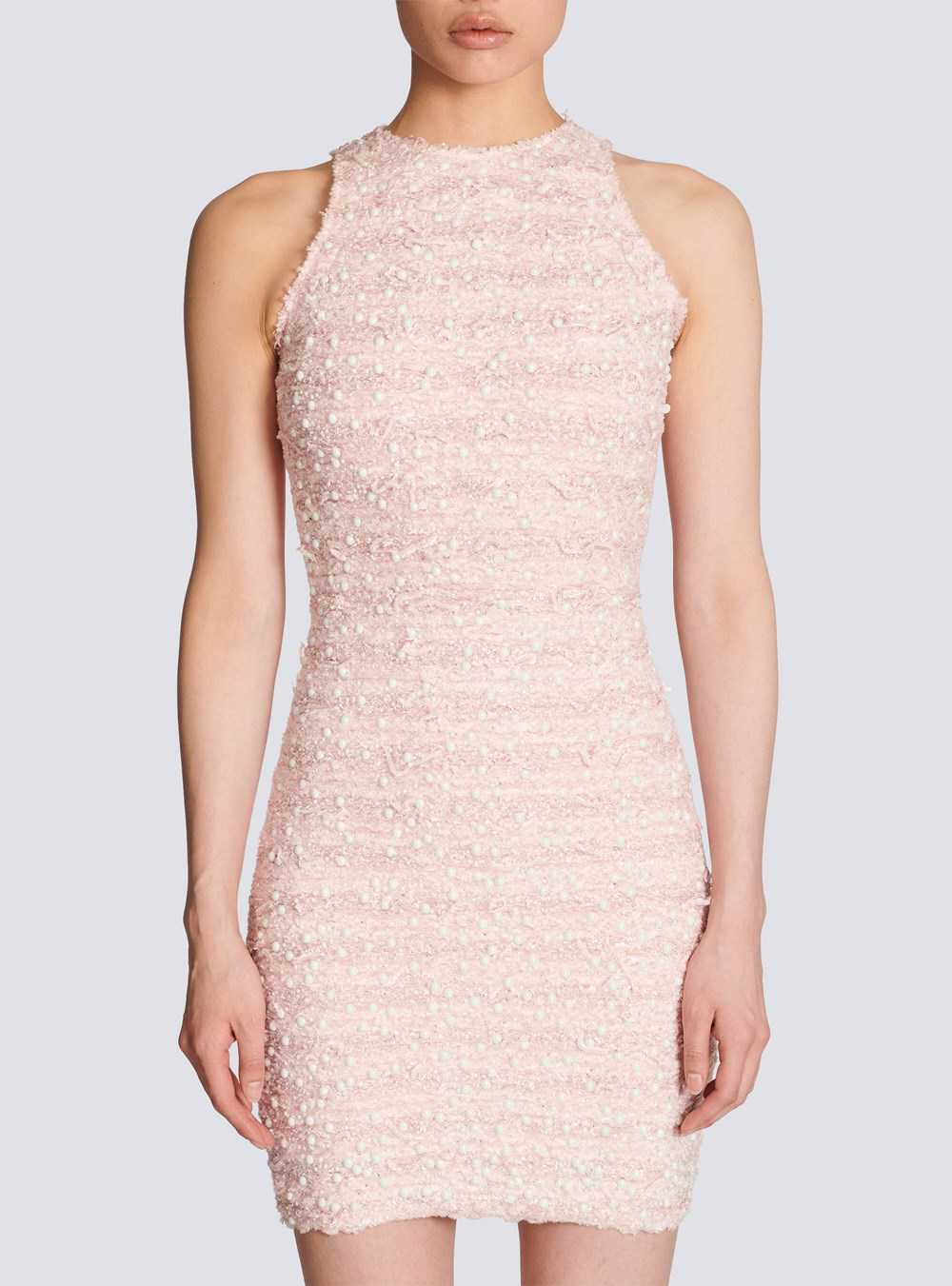 Balmain Tweed Dress With Embroidery Pink | WZAQVKO-06