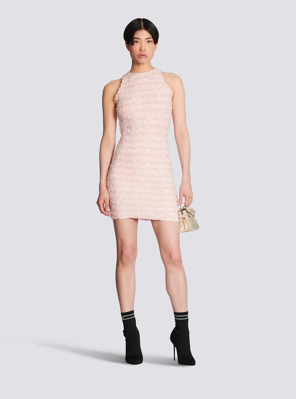 Balmain Tweed Dress With Embroidery Pink | WZAQVKO-06