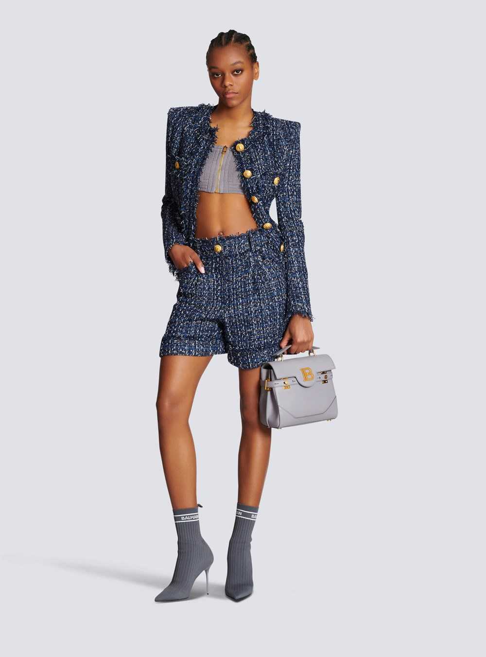 Balmain Tweed High-waisted Shorts Navy | DVRTHWA-95