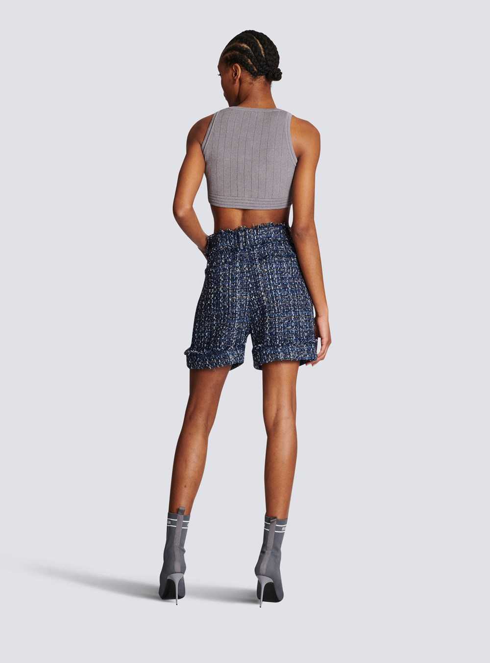 Balmain Tweed High-waisted Shorts Navy | DVRTHWA-95