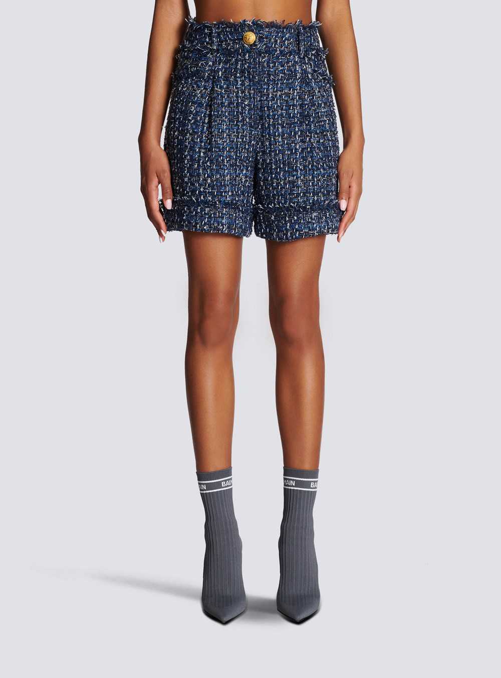 Balmain Tweed High-waisted Shorts Navy | DVRTHWA-95