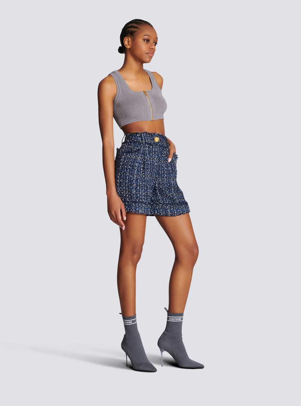 Balmain Tweed High-waisted Shorts Navy | DVRTHWA-95