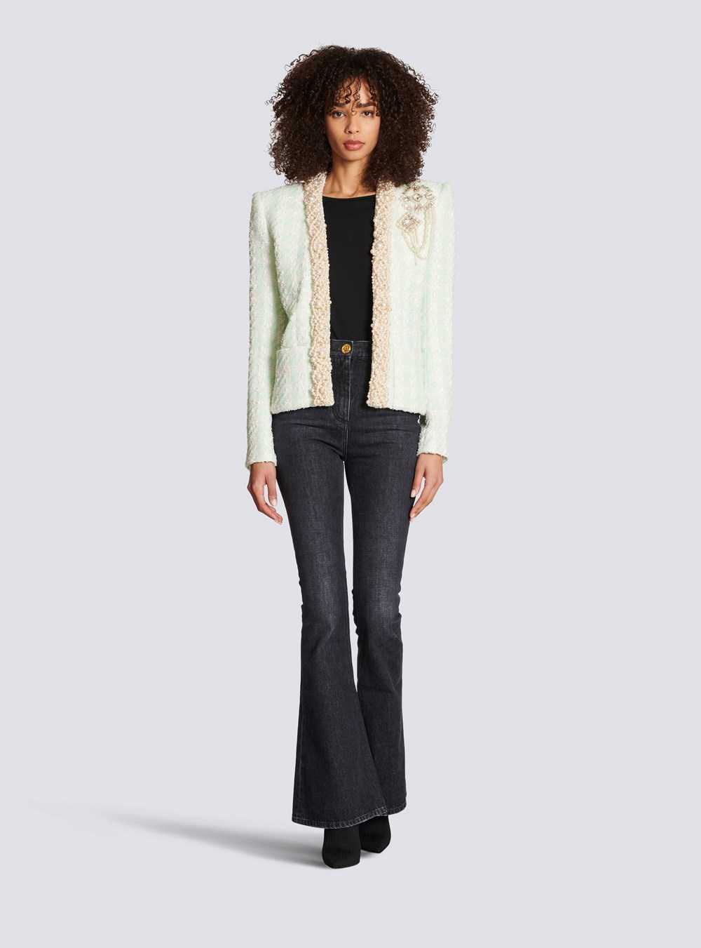 Balmain Tweed Spencer Jacket With Embroidery Green | NTLCRZK-50