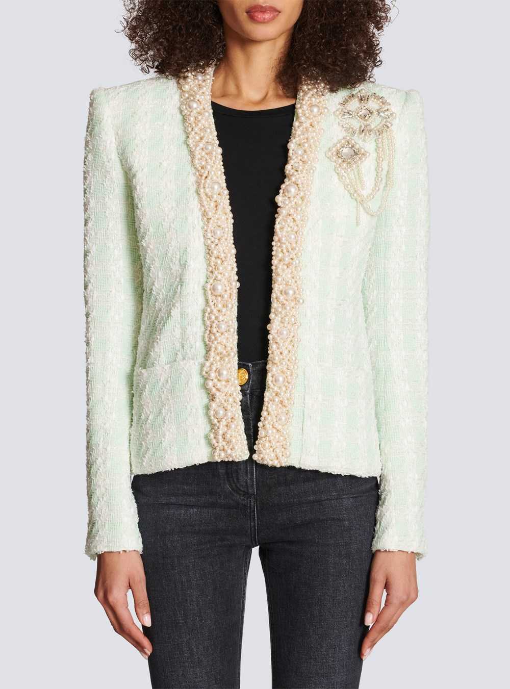 Balmain Tweed Spencer Jacket With Embroidery Green | NTLCRZK-50