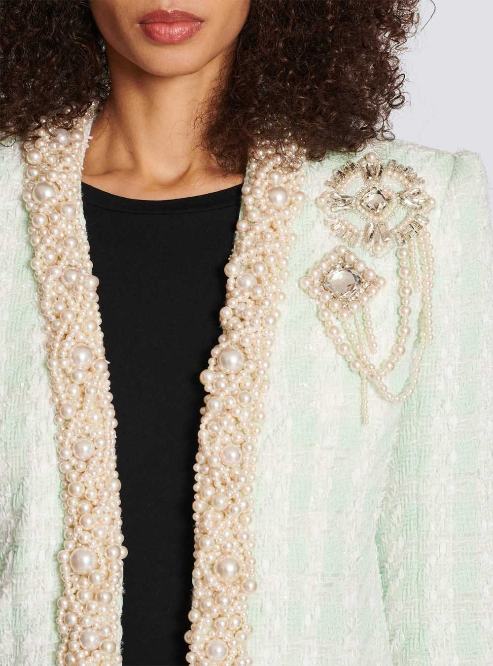 Balmain Tweed Spencer Jacket With Embroidery Green | NTLCRZK-50