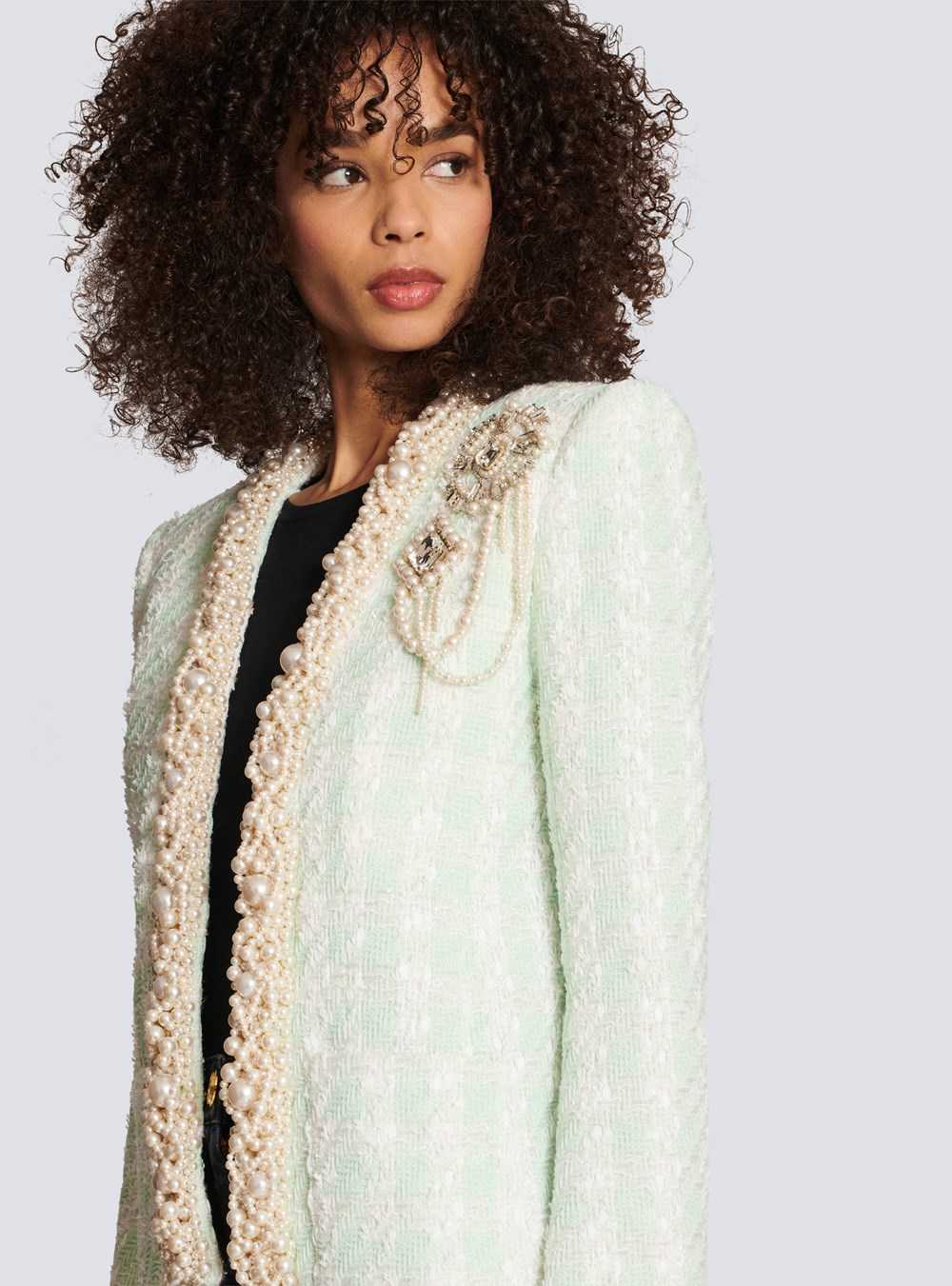 Balmain Tweed Spencer Jacket With Embroidery Green | NTLCRZK-50