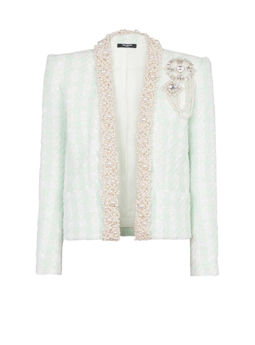 Balmain Tweed Spencer Jacket With Embroidery Green | NTLCRZK-50