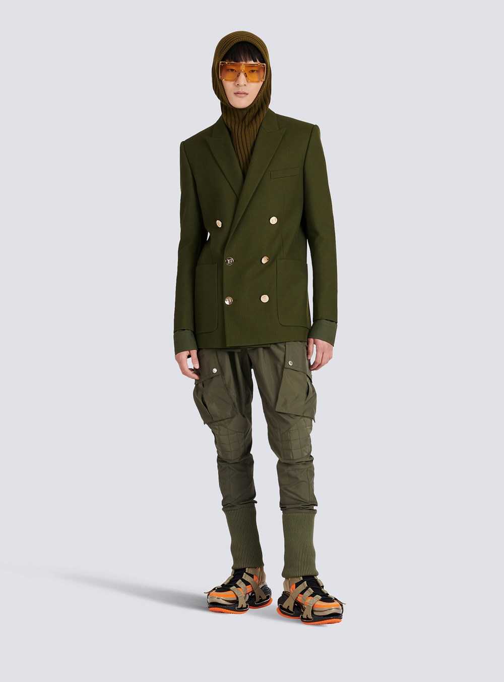 Balmain Twill Blazer With Double-breasted Silver-tone Buttoned Fastening Khaki | KEDVCIB-90