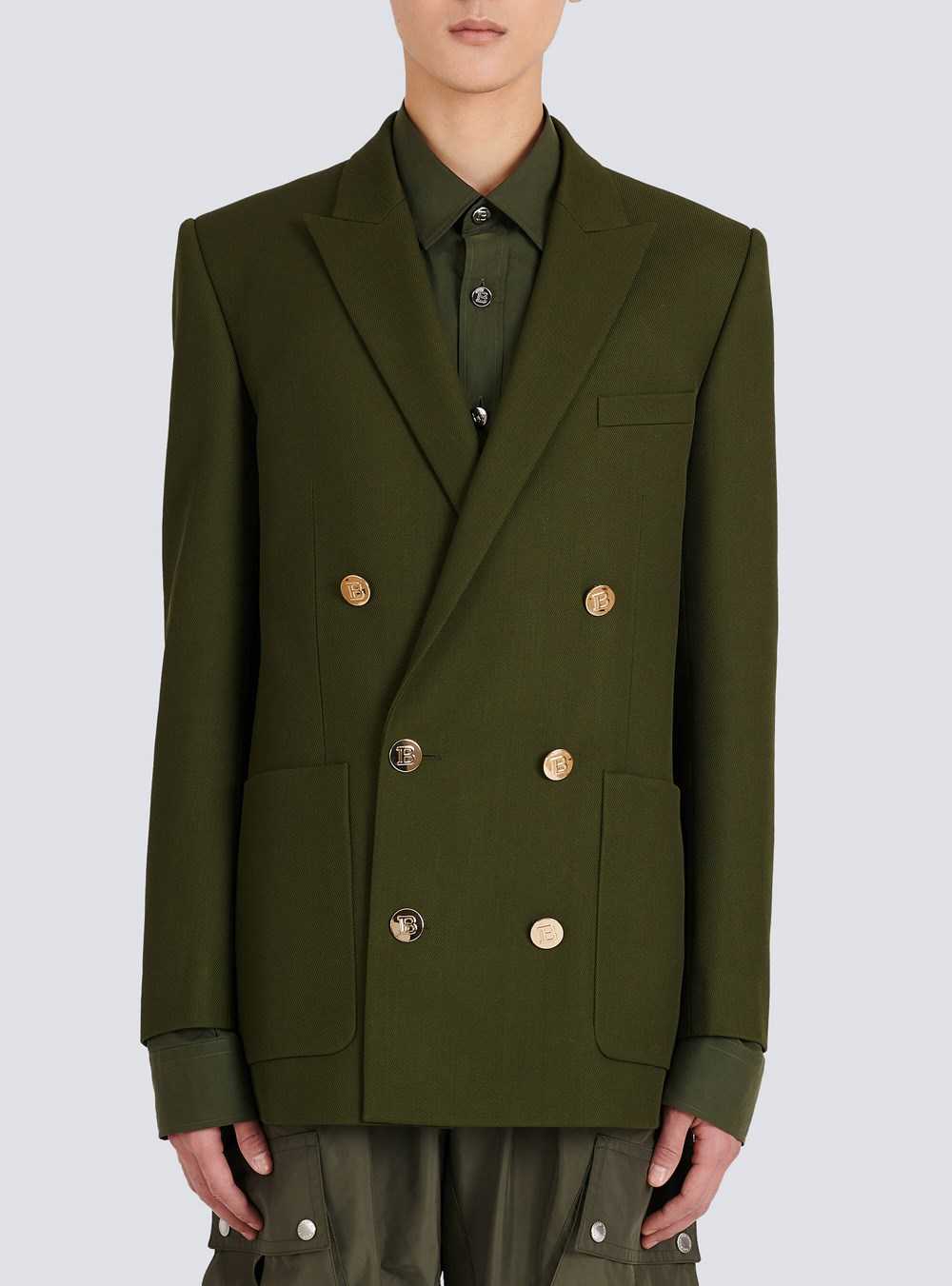 Balmain Twill Blazer With Double-breasted Silver-tone Buttoned Fastening Khaki | KEDVCIB-90