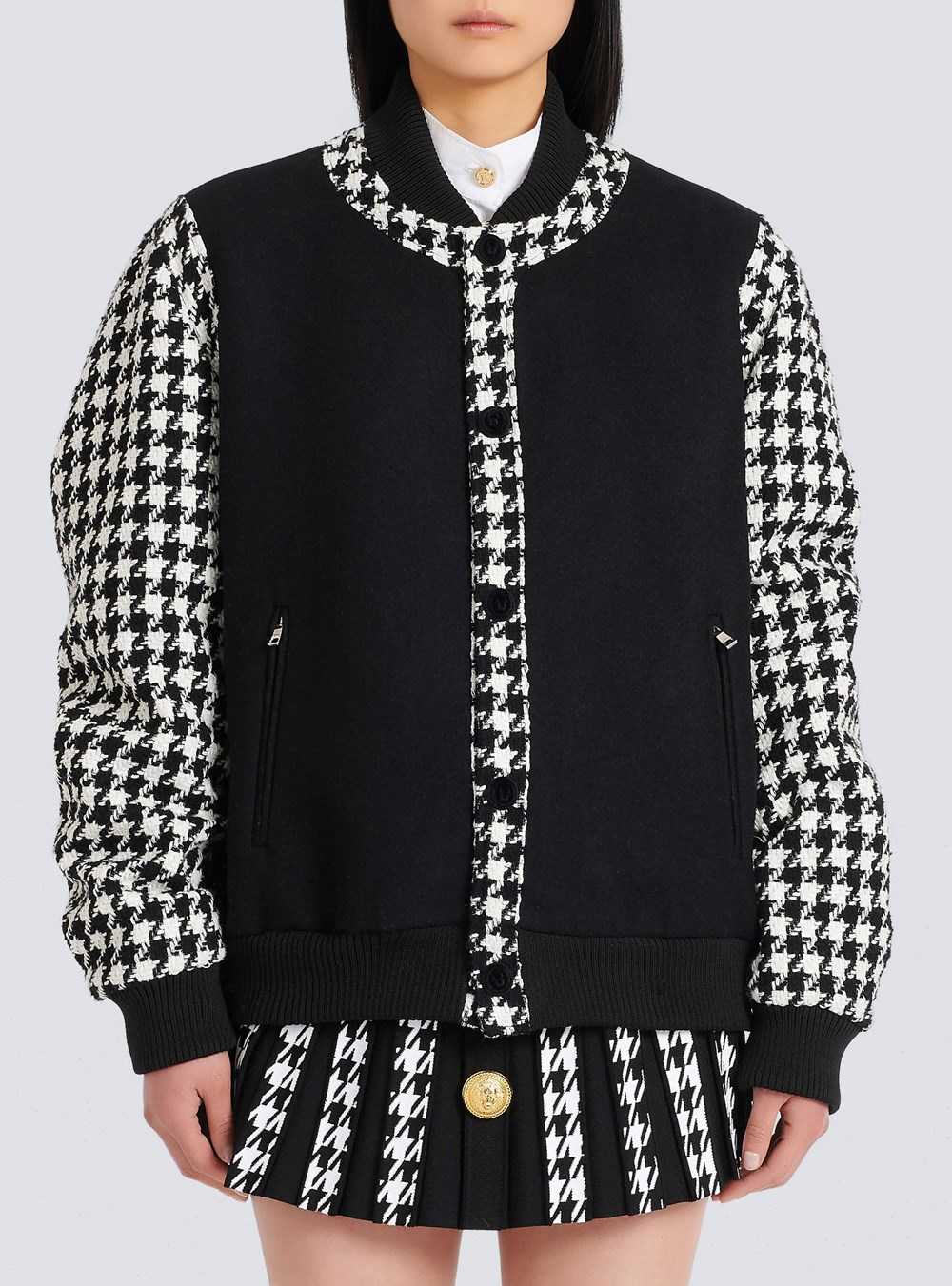 Balmain Unisex - Bomber Jacket With Houndstooth Pattern Black | AVIQRDE-16