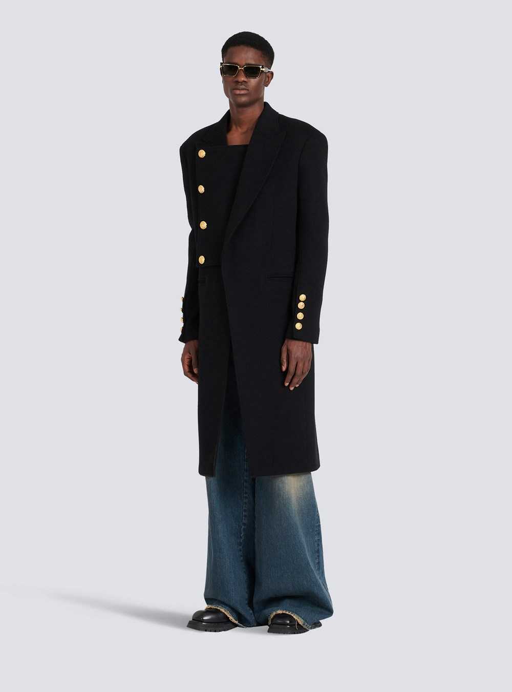 Balmain Unisex - Four-button Wool Coat With Detachable Inset Jacket Black | DNOXEKM-38