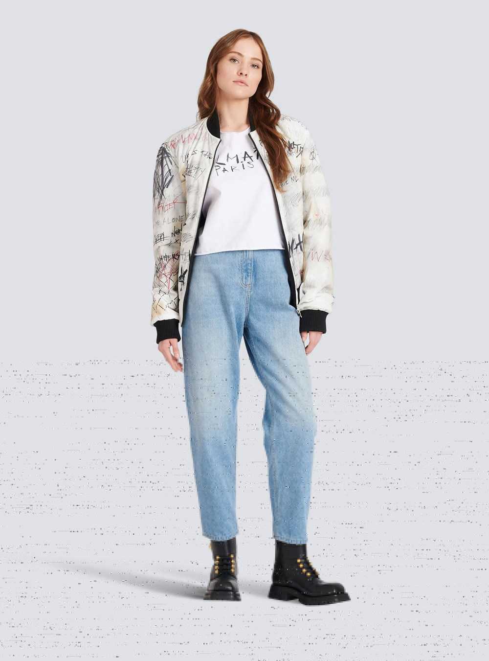 Balmain Unisex - Nylon Bomber Jacket With Graffiti Print White | HATRWOY-87