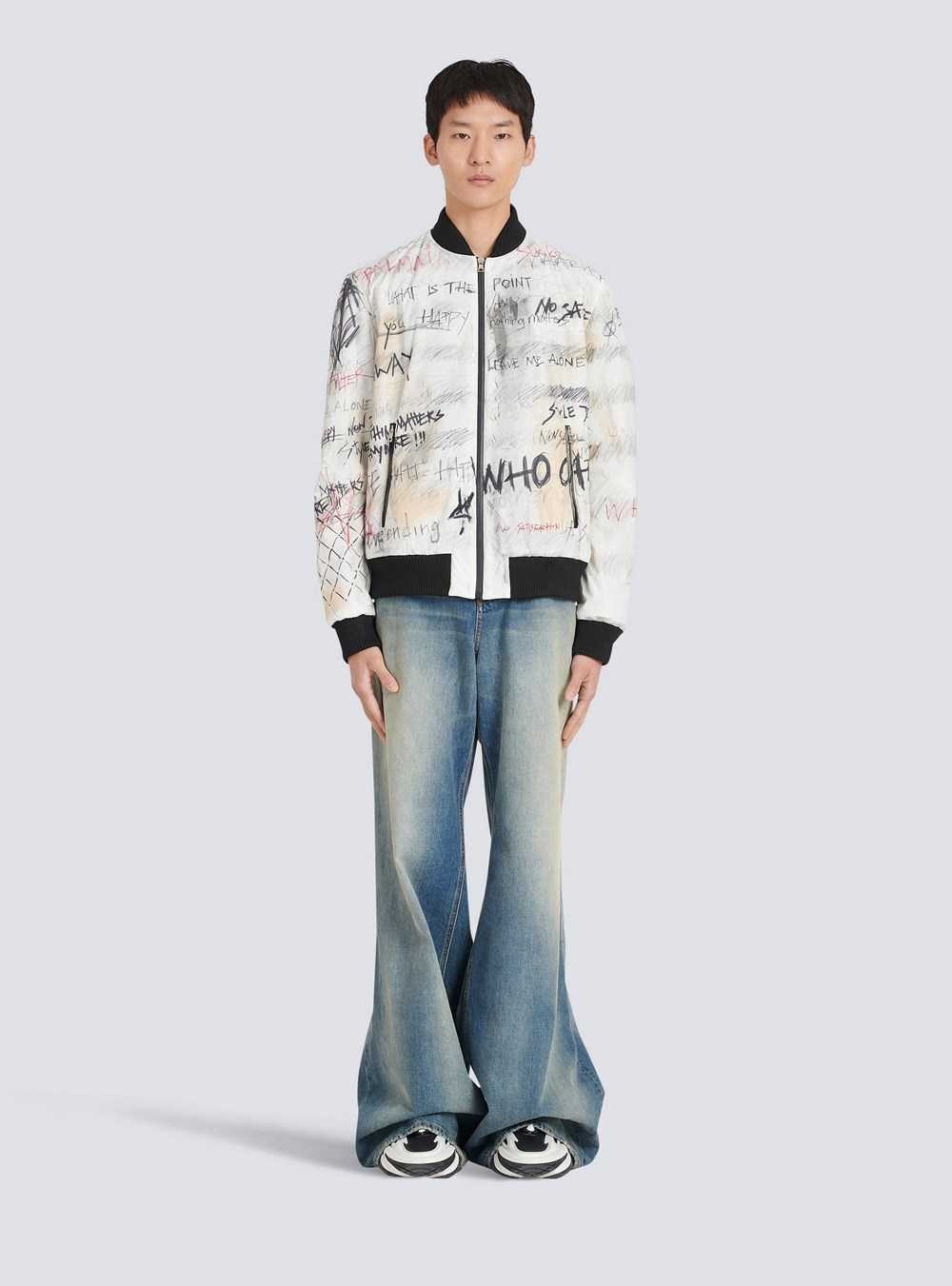 Balmain Unisex - Nylon Bomber Jacket With Graffiti Print White | HATRWOY-87