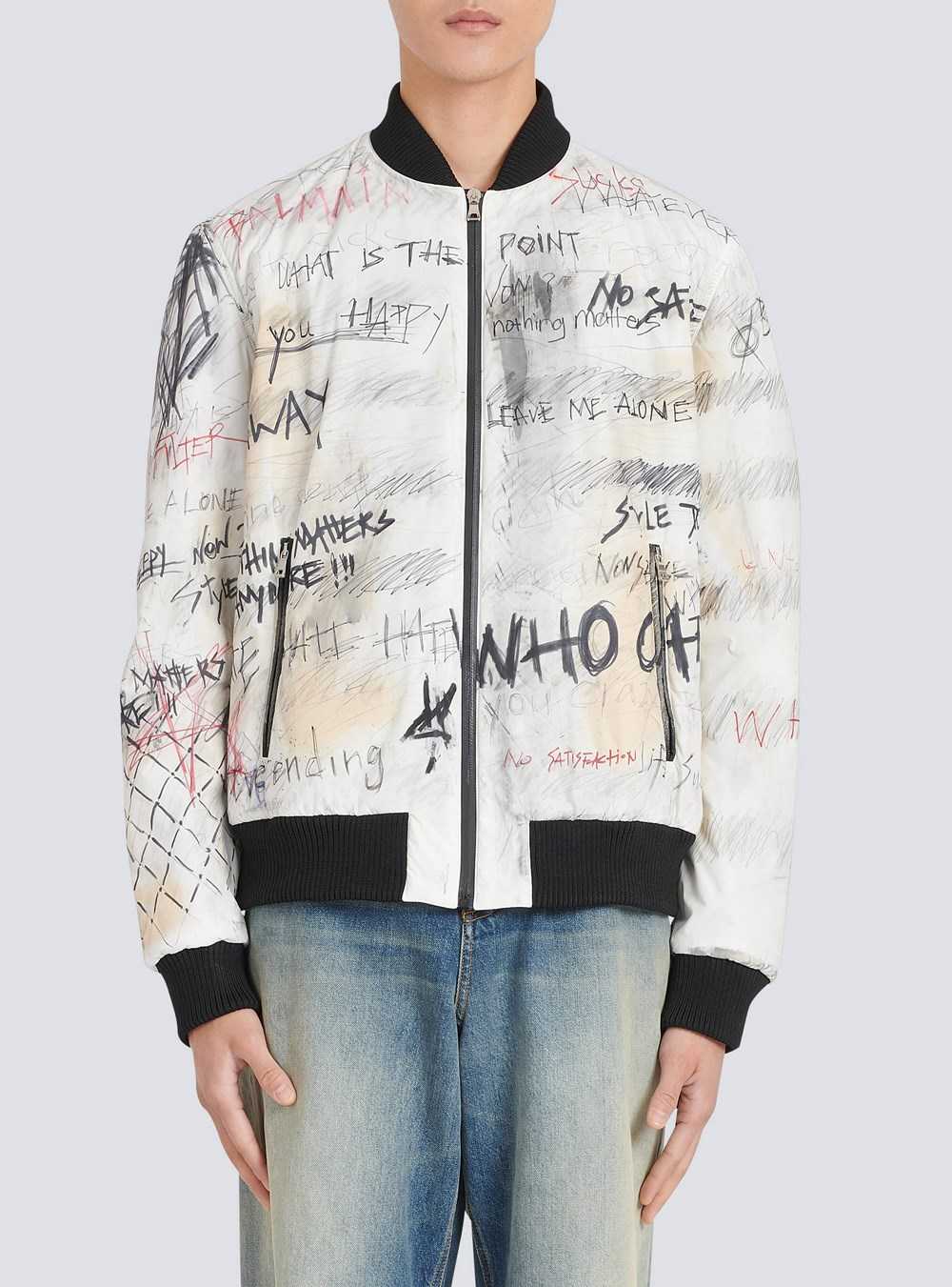 Balmain Unisex - Nylon Bomber Jacket With Graffiti Print White | HATRWOY-87