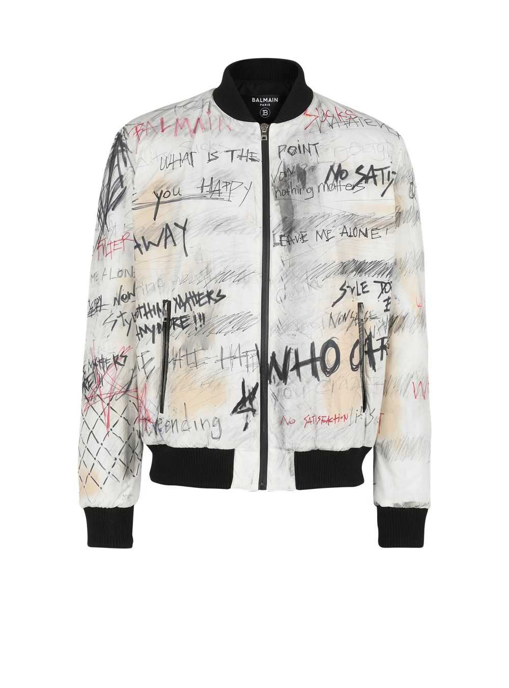 Balmain Unisex - Nylon Bomber Jacket With Graffiti Print White | HATRWOY-87