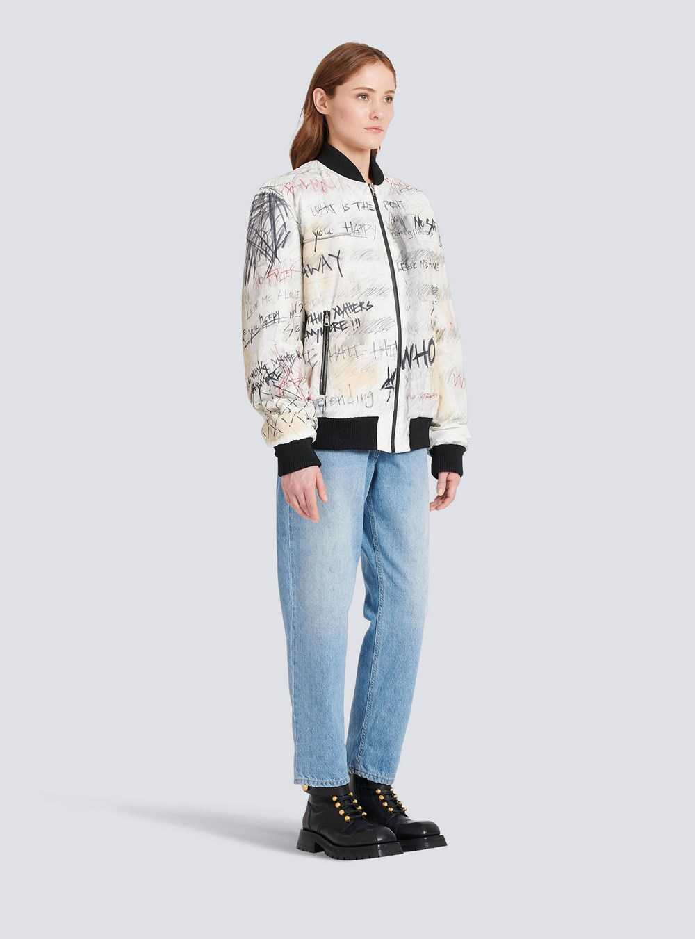 Balmain Unisex - Nylon Bomber Jacket With Graffiti Print White | IHAMCYS-85