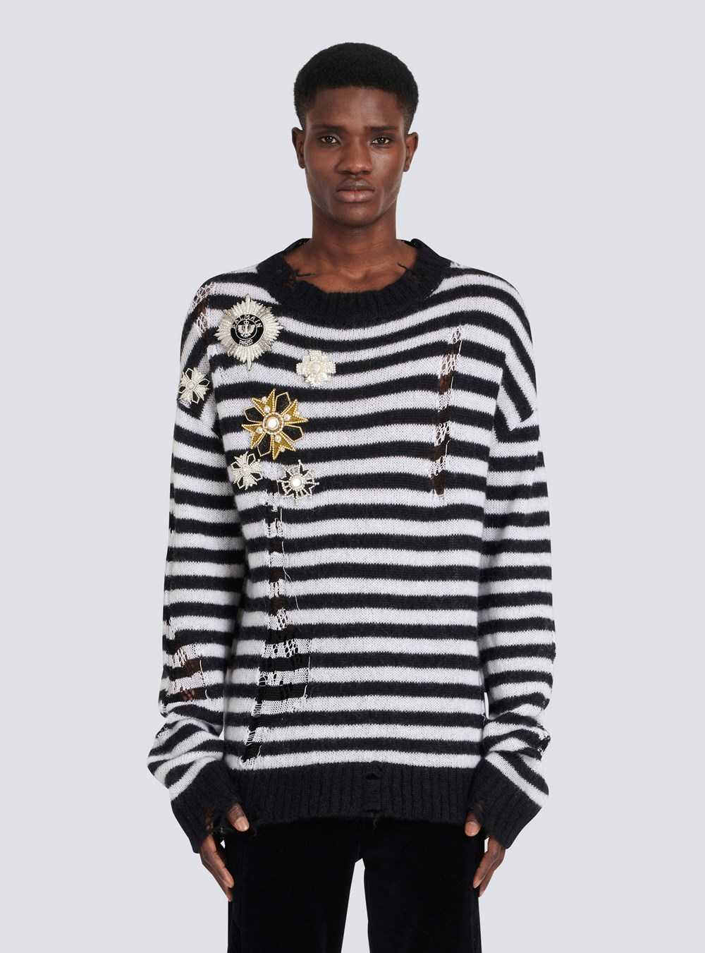 Balmain Unisex - Ripped Knit Nautical Sweater With Brooches Black | BJZWHIV-02