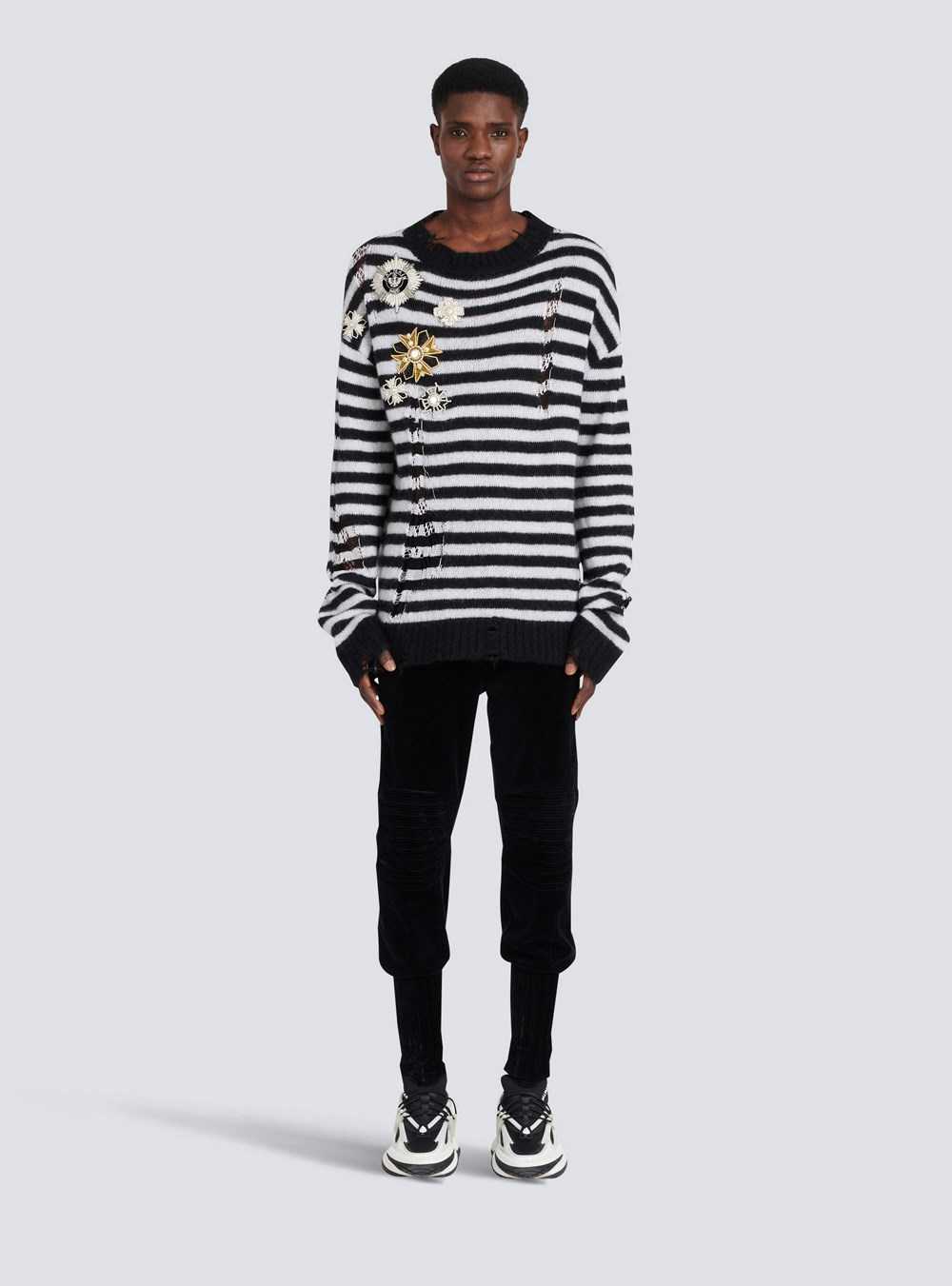 Balmain Unisex - Ripped Knit Nautical Sweater With Brooches Black | BJZWHIV-02