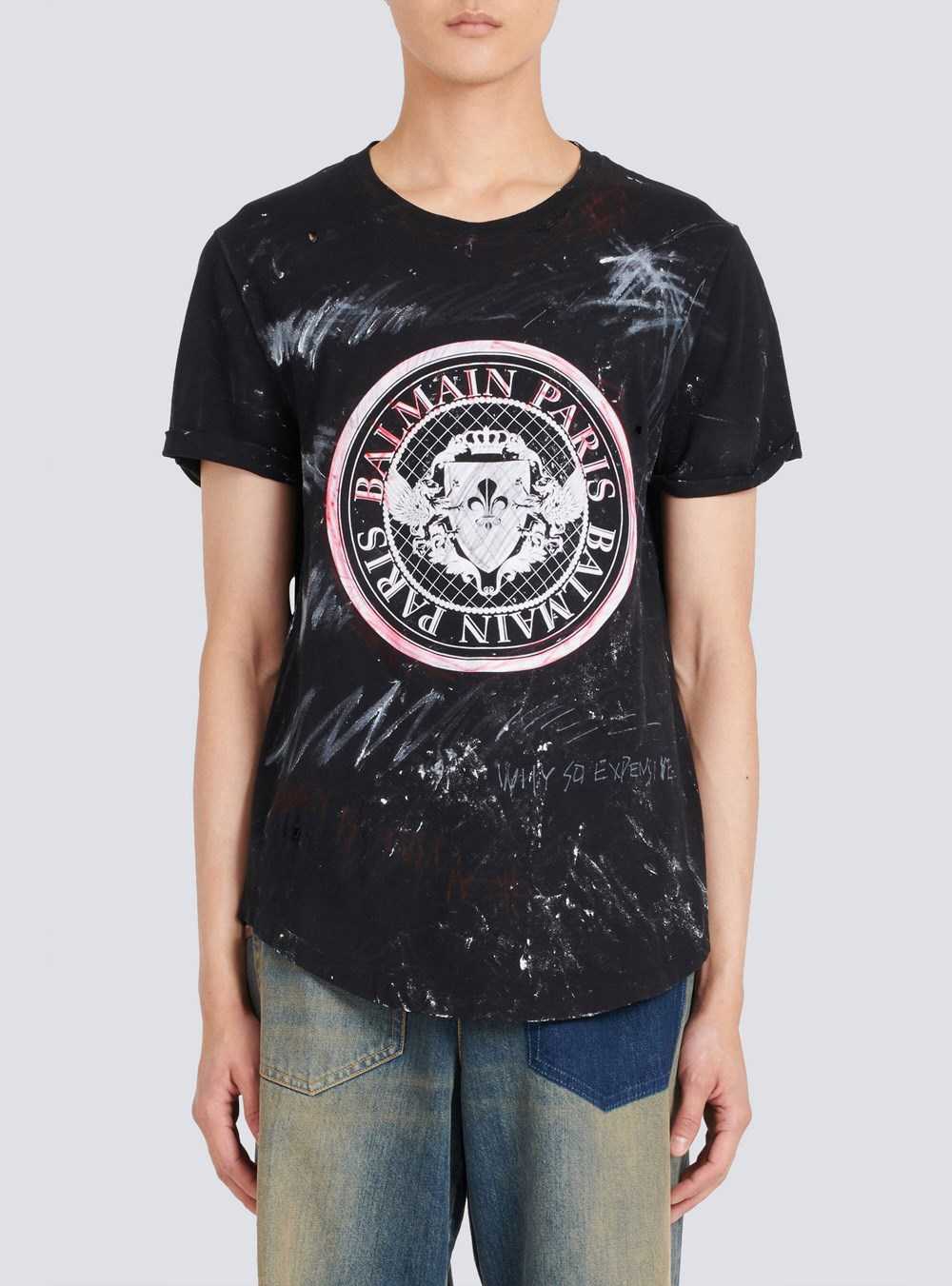 Balmain Unisex - T-shirt With Balmain Logo Print Graffiti Black | KZRUOWL-13