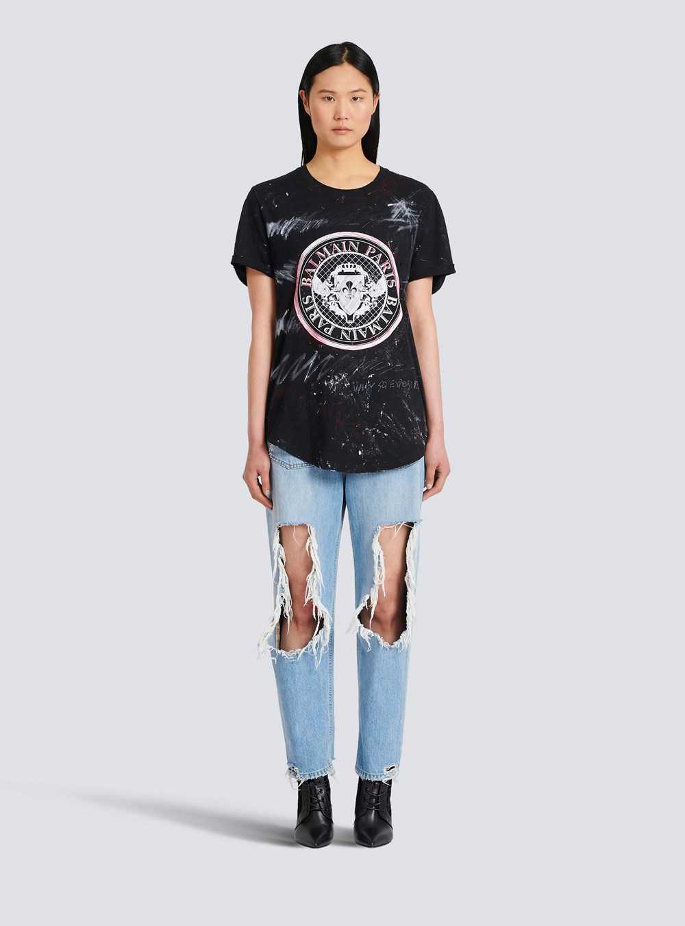 Balmain Unisex - T-shirt With Balmain Logo Print Graffiti Black | KZRUOWL-13