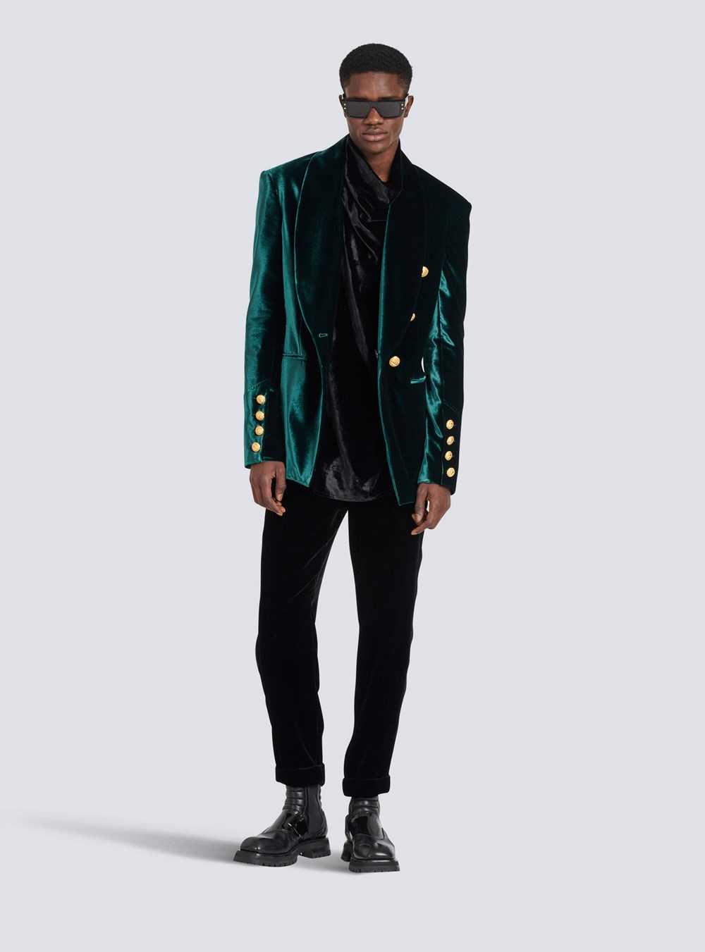 Balmain Velvet Blazer With Monogram Lining Green | WXNMSRB-03