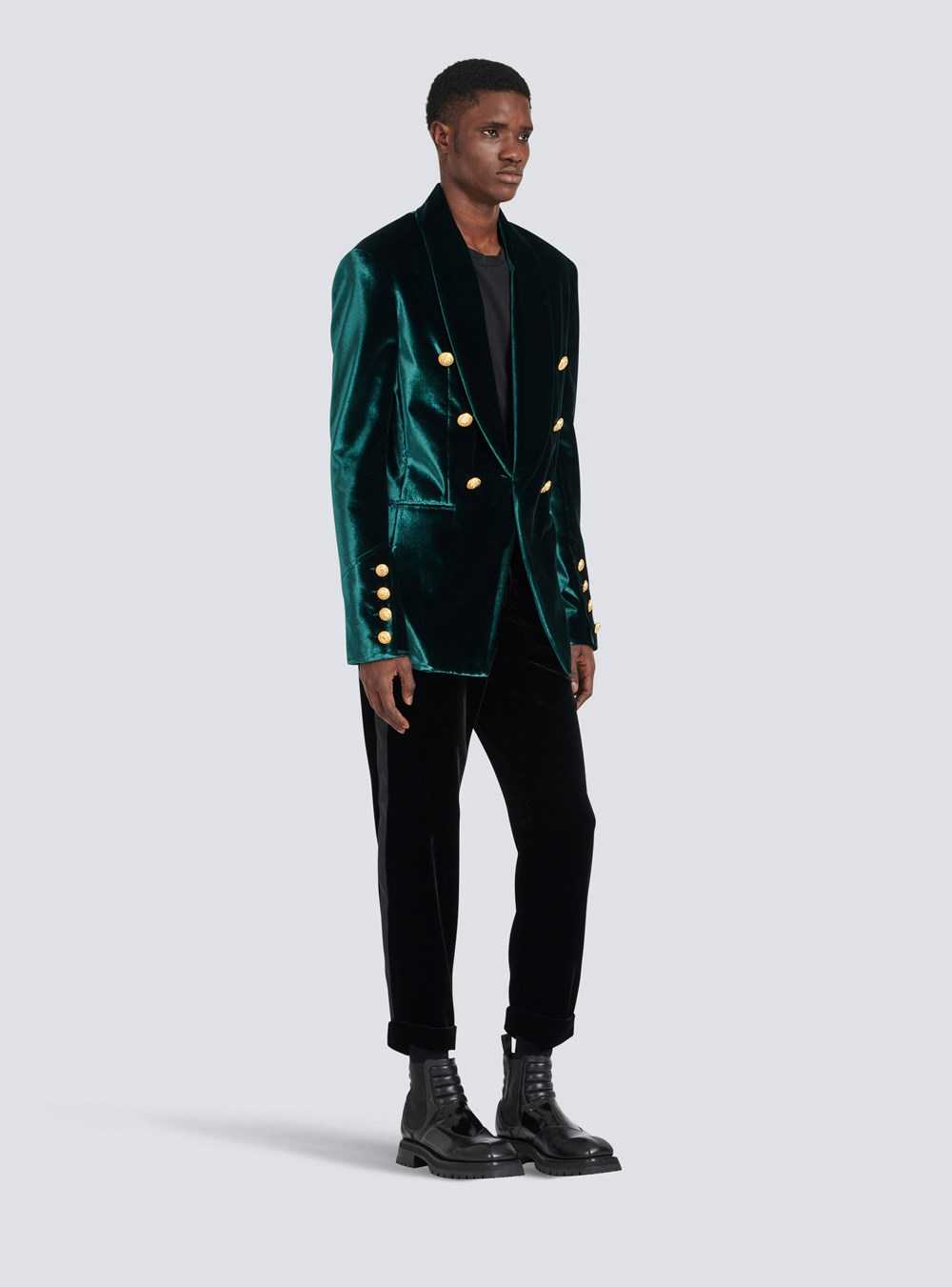 Balmain Velvet Blazer With Monogram Lining Green | WXNMSRB-03