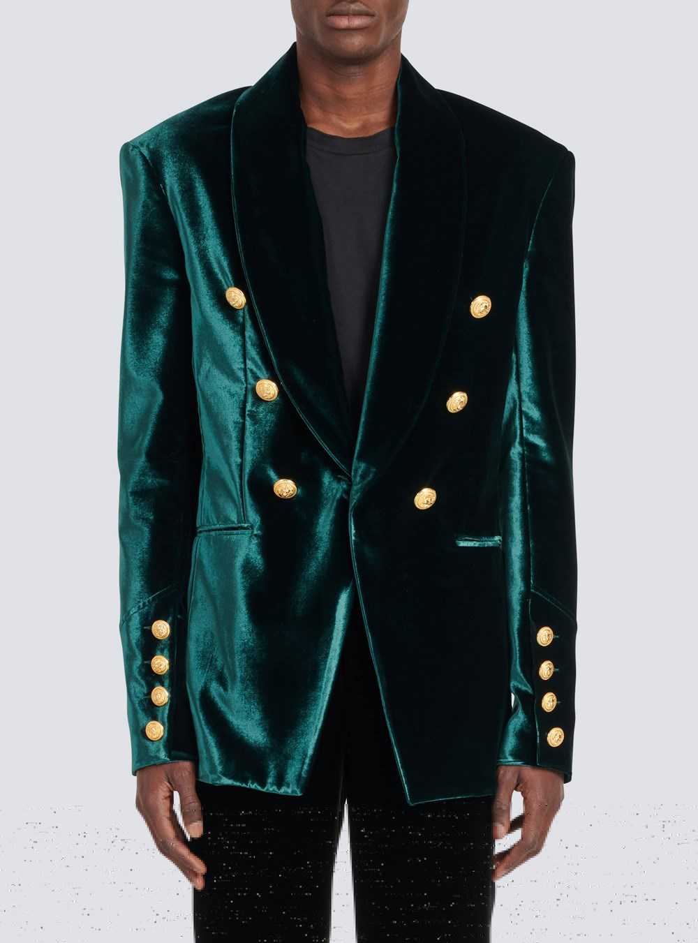 Balmain Velvet Blazer With Monogram Lining Green | WXNMSRB-03