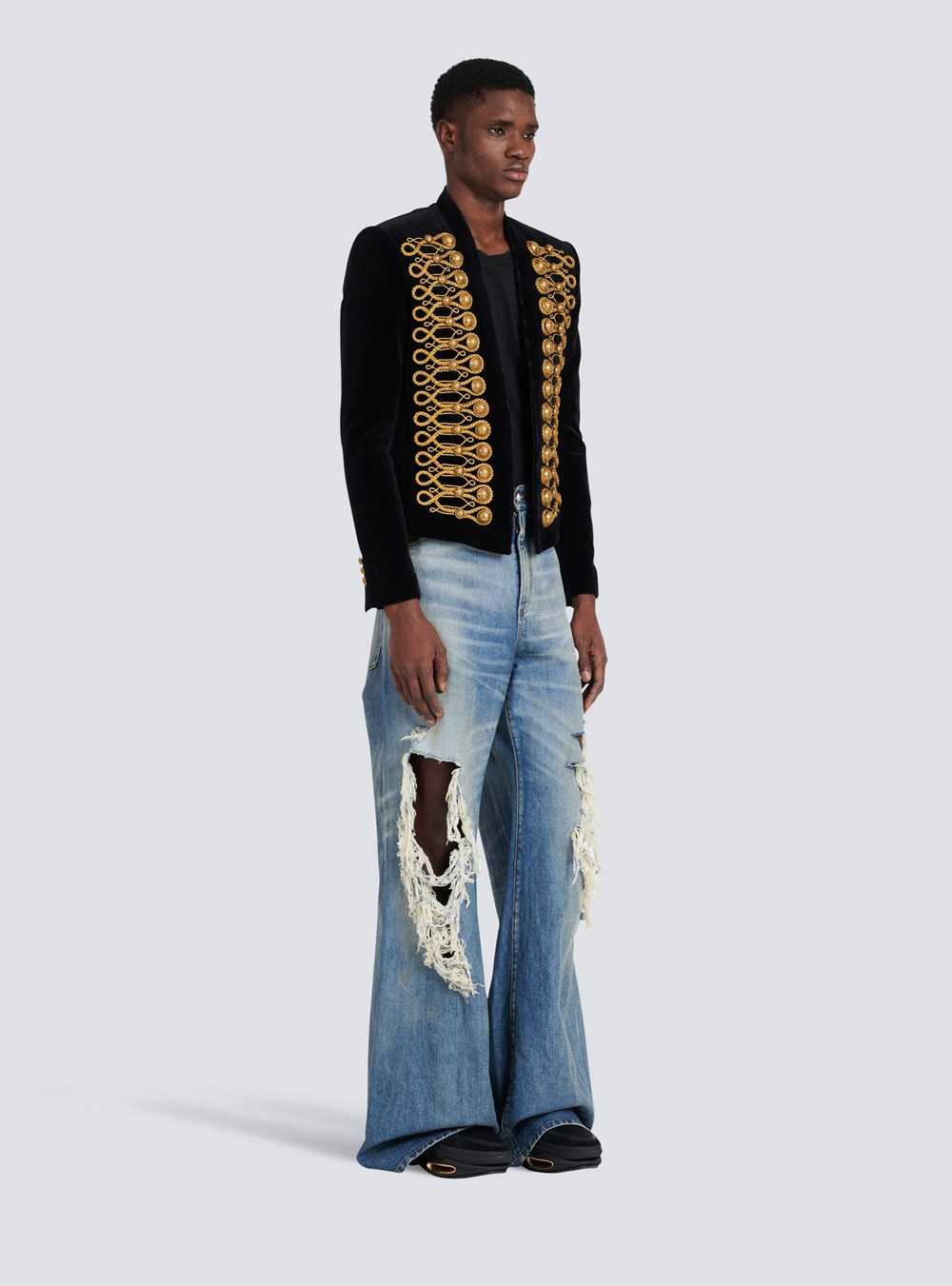 Balmain Velvet Brandenburg Spencer Jacket With Golden Embroidery Gold | UPXCSTA-09