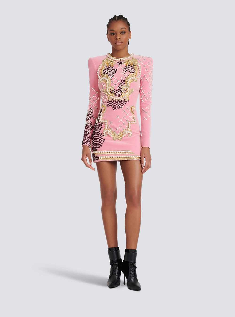 Balmain Velvet Dress With Embroidery Pink | UNQWETZ-15