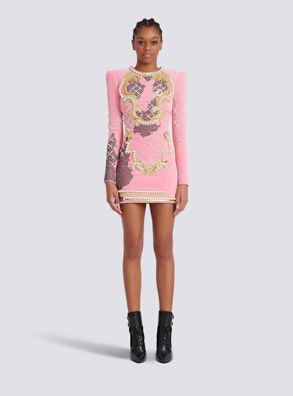 Balmain Velvet Dress With Embroidery Pink | UNQWETZ-15