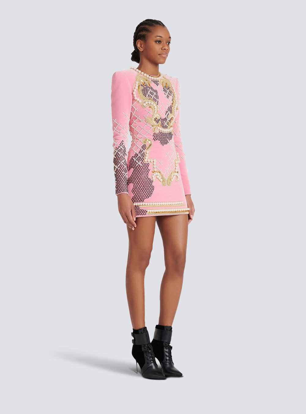 Balmain Velvet Dress With Embroidery Pink | UNQWETZ-15