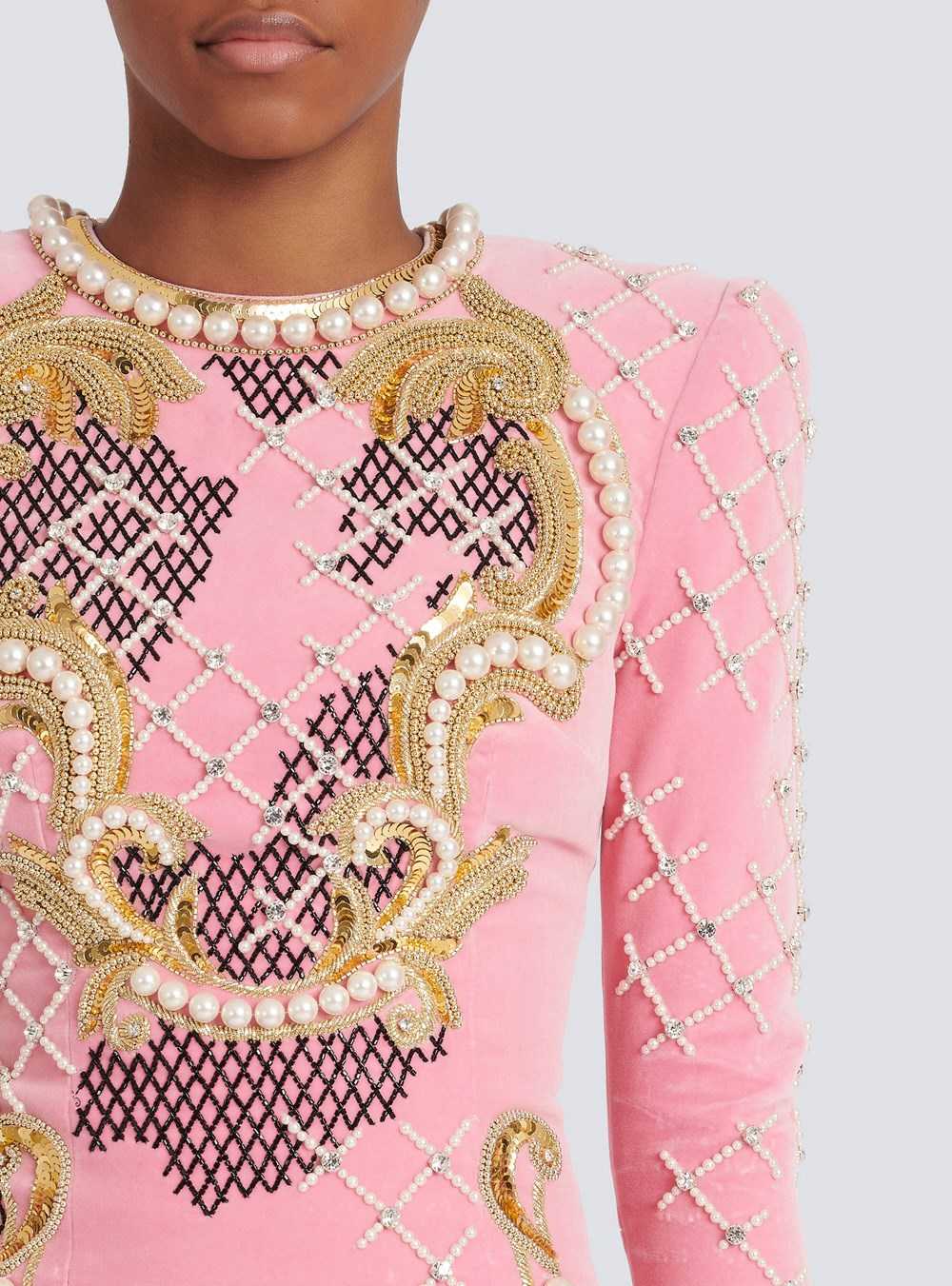 Balmain Velvet Dress With Embroidery Pink | UNQWETZ-15