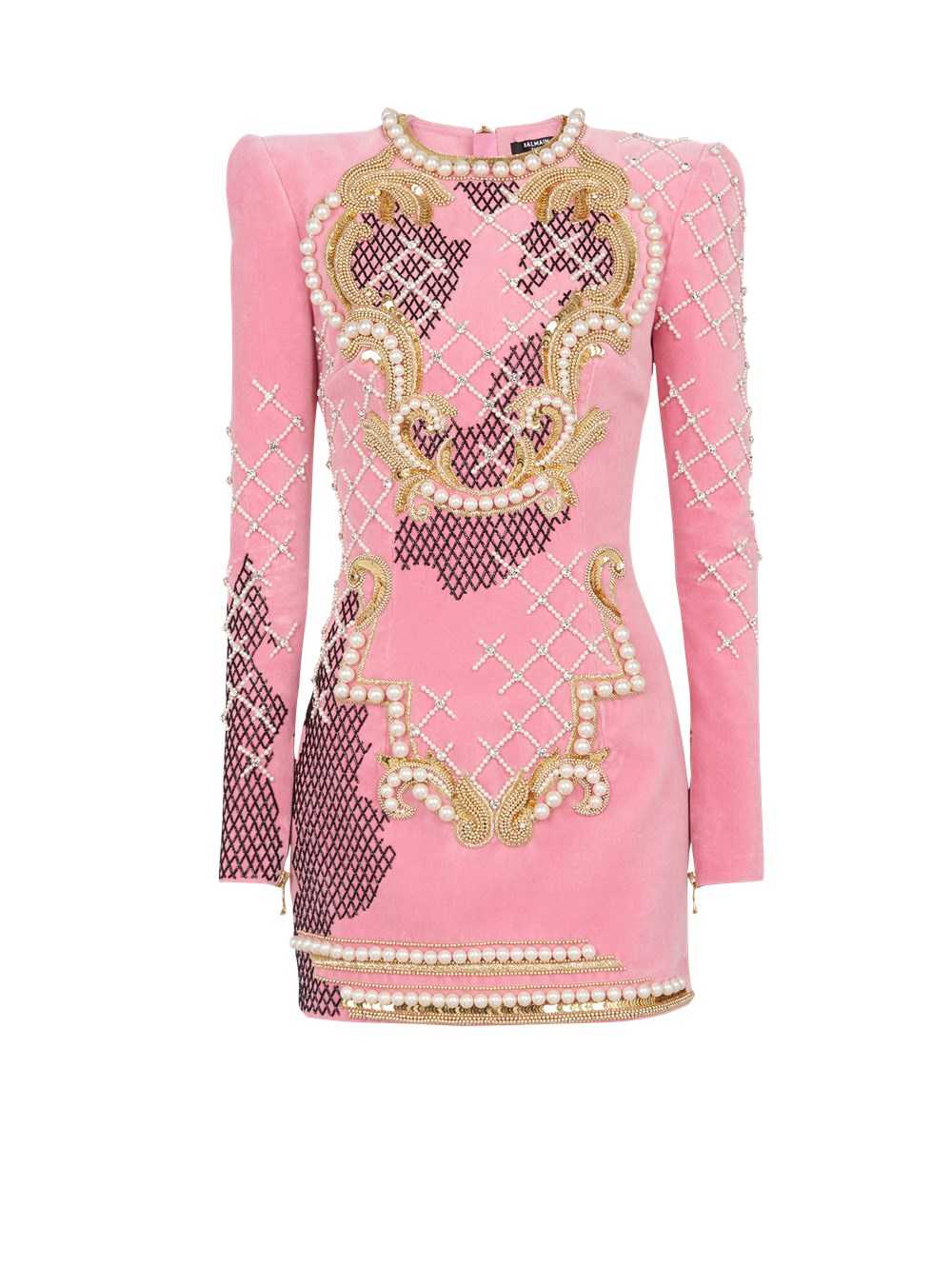 Balmain Velvet Dress With Embroidery Pink | UNQWETZ-15