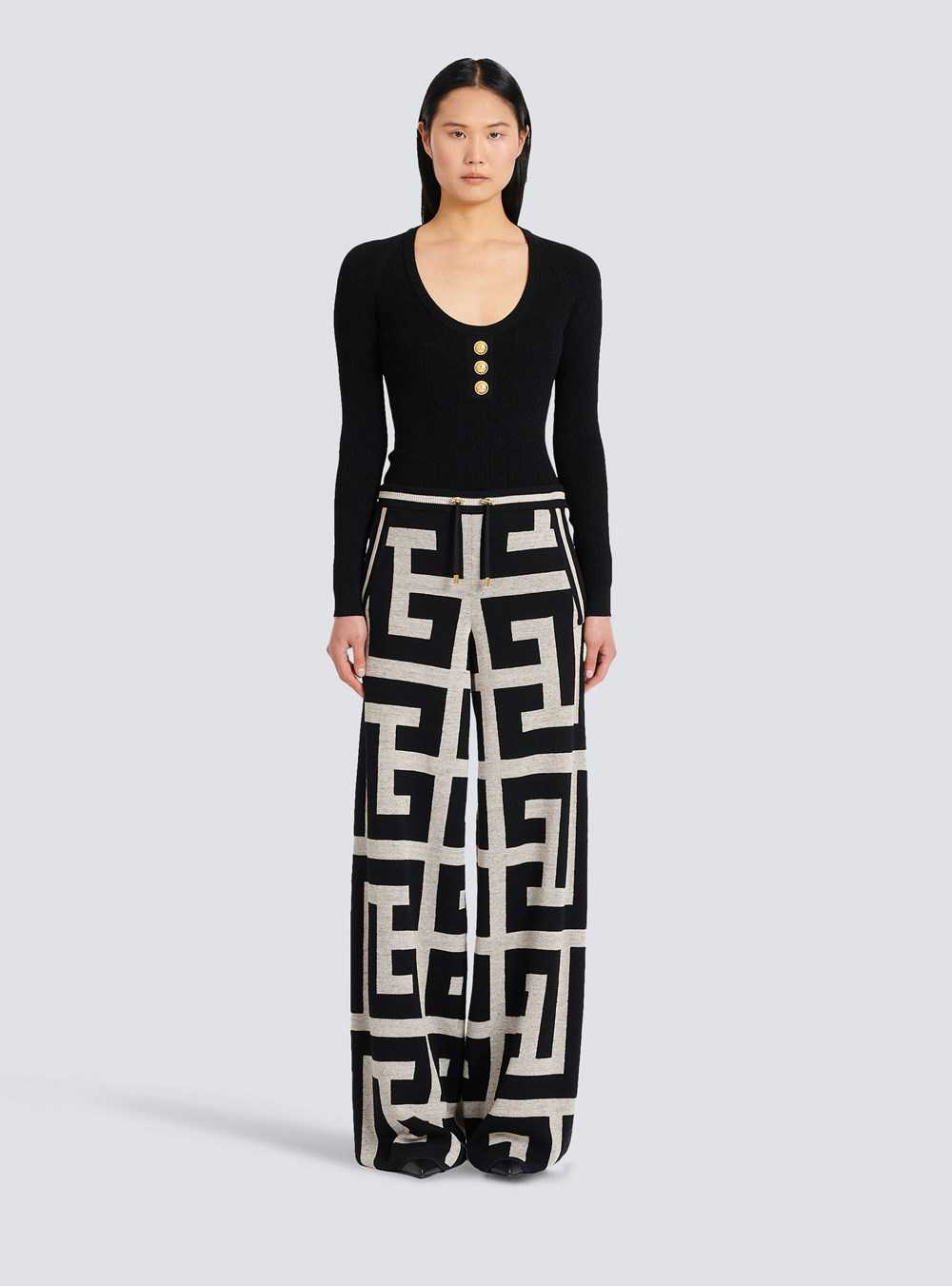 Balmain Wide Knit Pants With Maxi Balmain Monogram Black | YOKJLTS-79