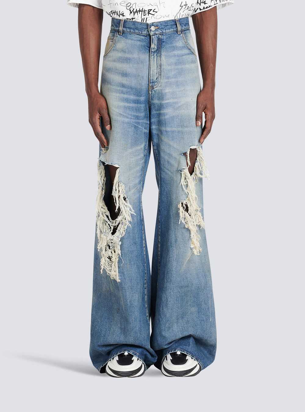 Balmain Wide-legged Ripped Cotton Jeans Blue | LRVCNED-01