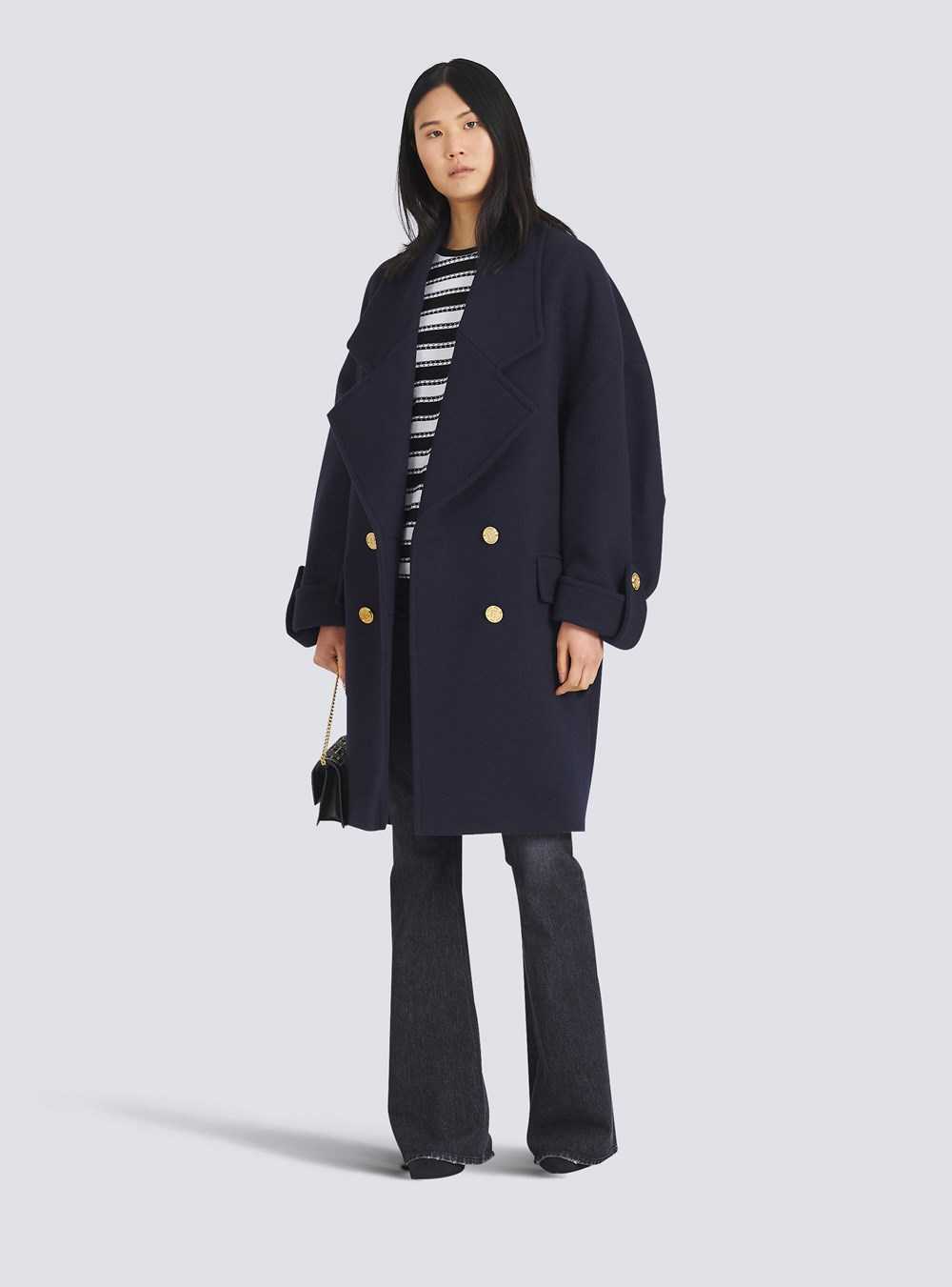 Balmain Wool And Cashmere Pea Coat With Double-breasted Gold-tone Buttoned Fastening Navy | ZCOISHE-15