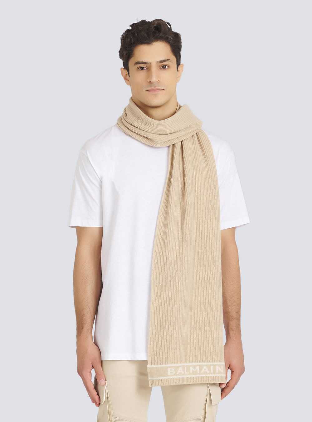 Balmain Wool And Cashmere Scarf With Embroidered Balmain Logo Beige | EBDICHZ-98