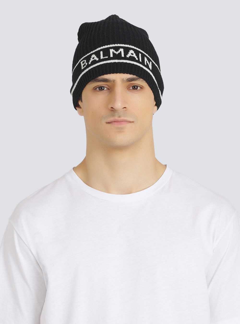 Balmain Wool Beanie With Embroidered Balmain Logo Black | HPUOBIA-90