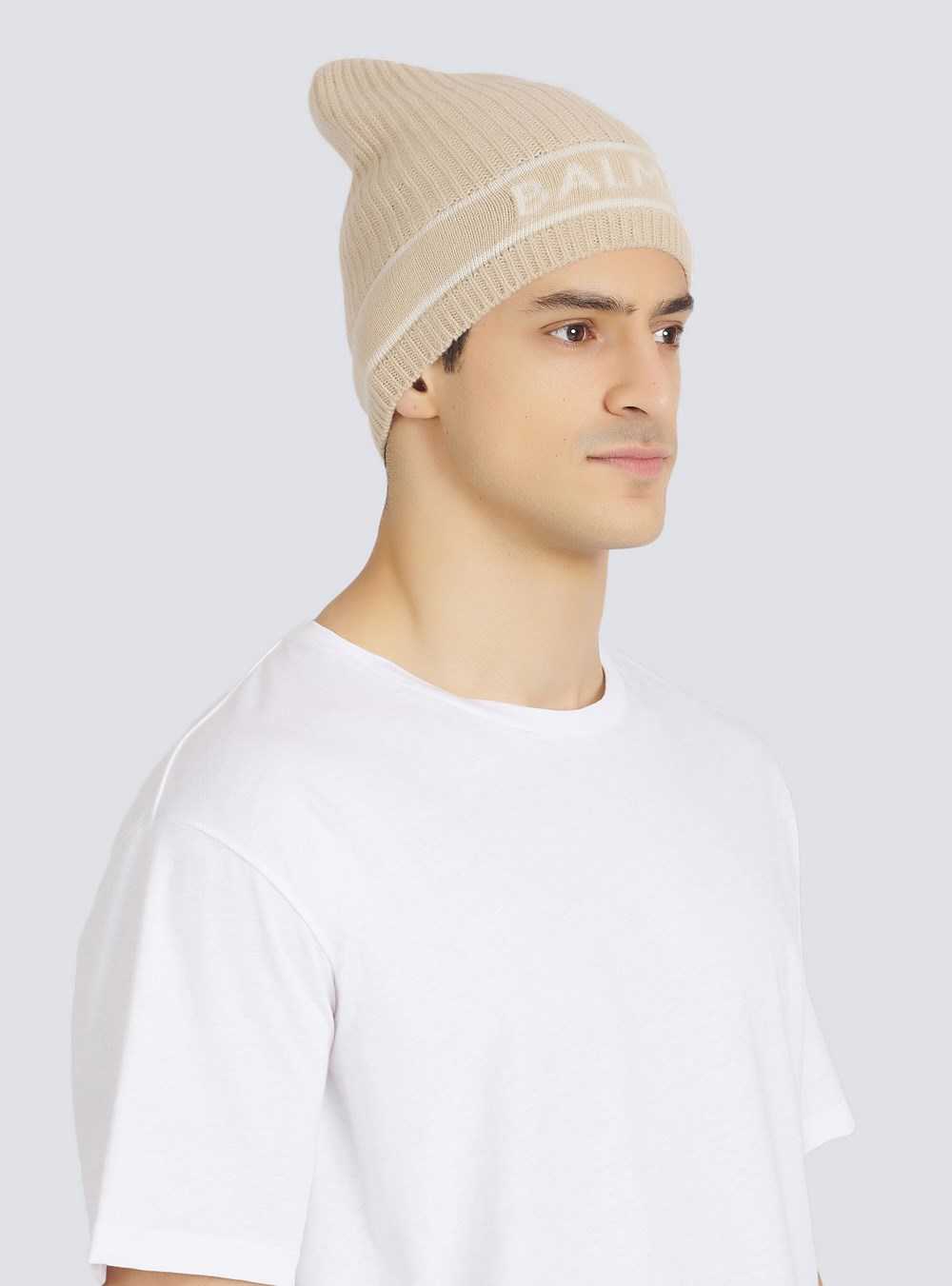 Balmain Wool Beanie With Embroidered Balmain Logo Beige | VCDEFTJ-62