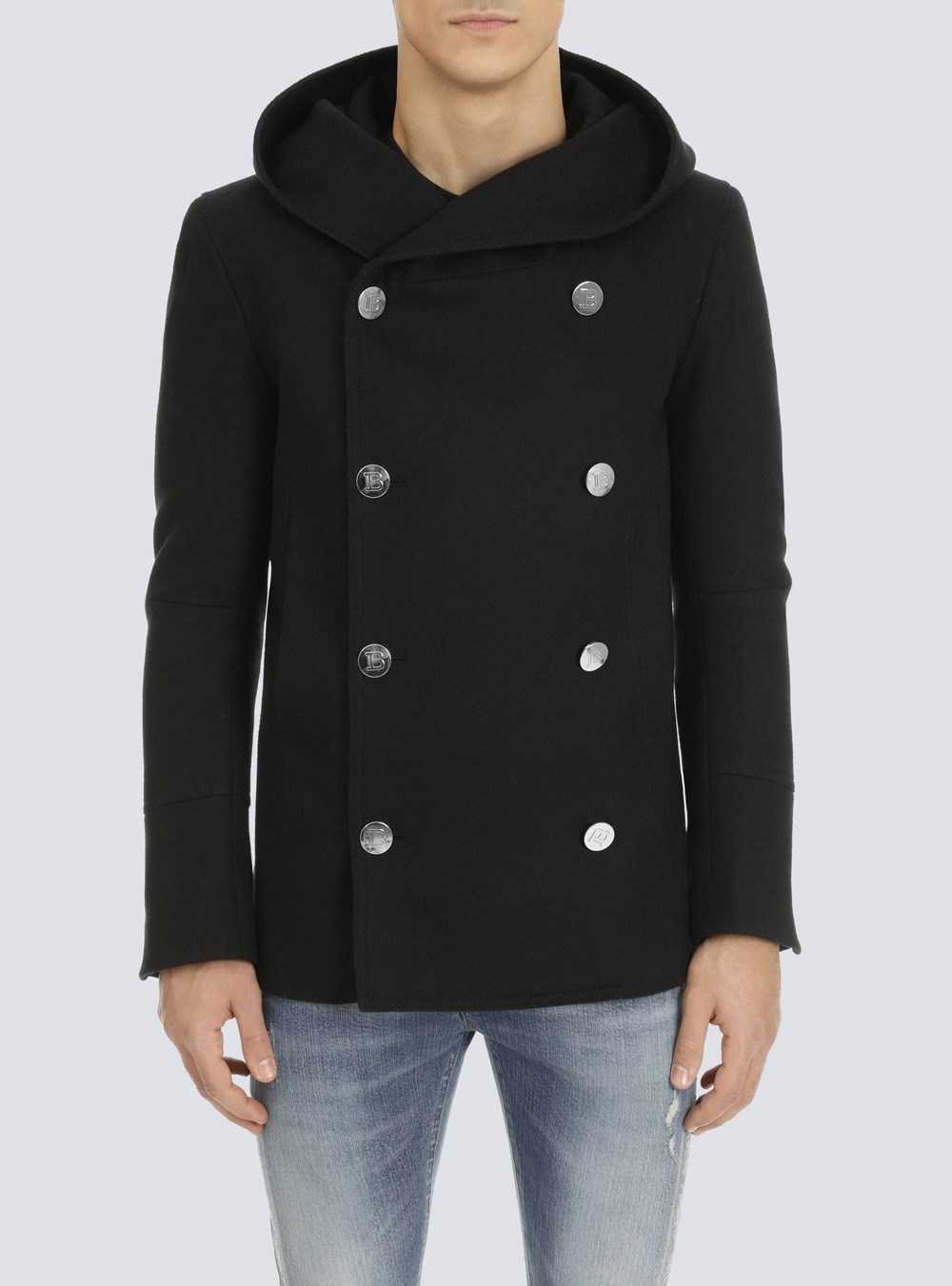 Balmain Wool Hooded Pea Coat With Double-breasted Silver-tone Buttoned Fastening Black | BVFHJZU-47