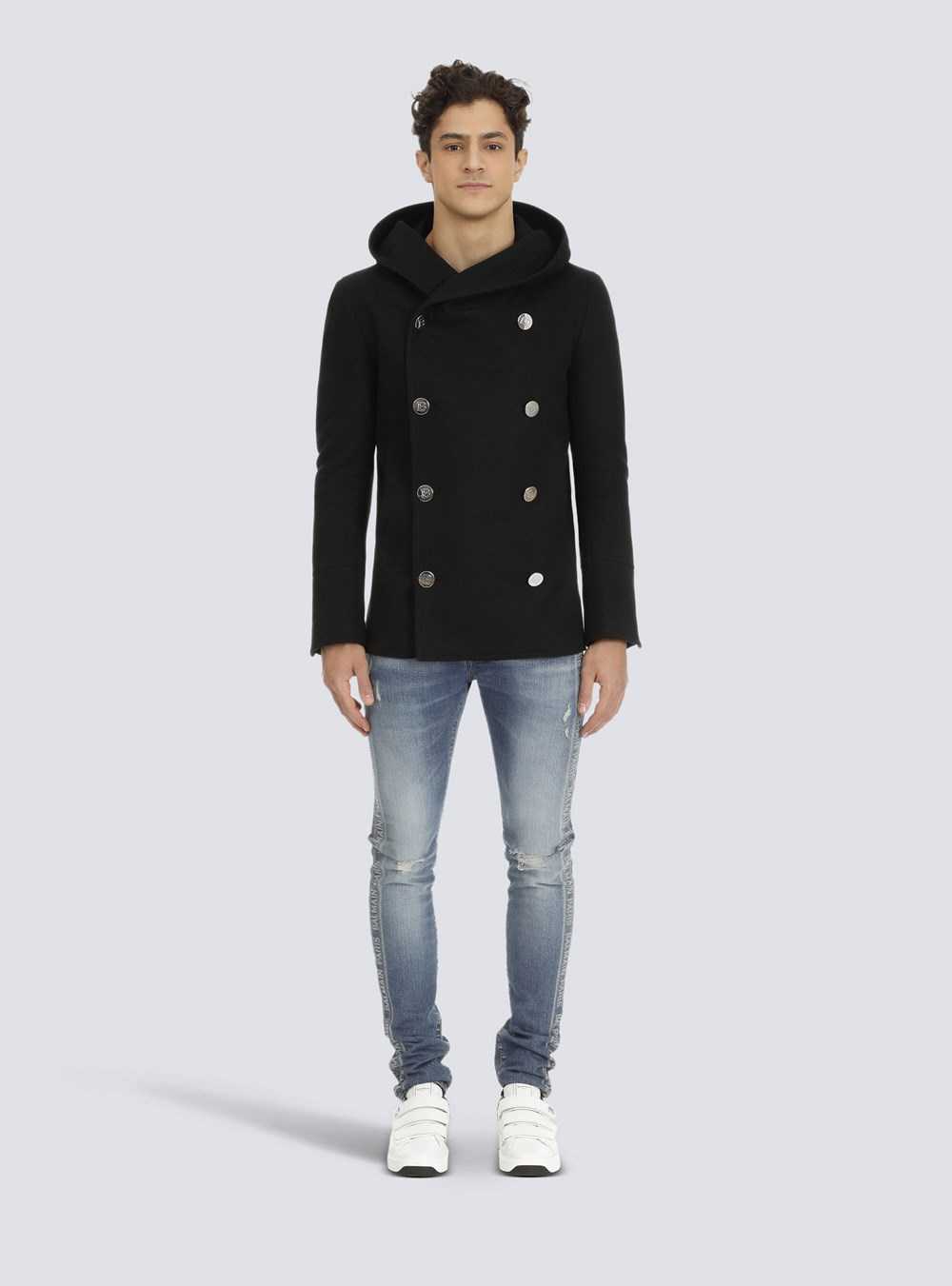 Balmain Wool Hooded Pea Coat With Double-breasted Silver-tone Buttoned Fastening Black | BVFHJZU-47