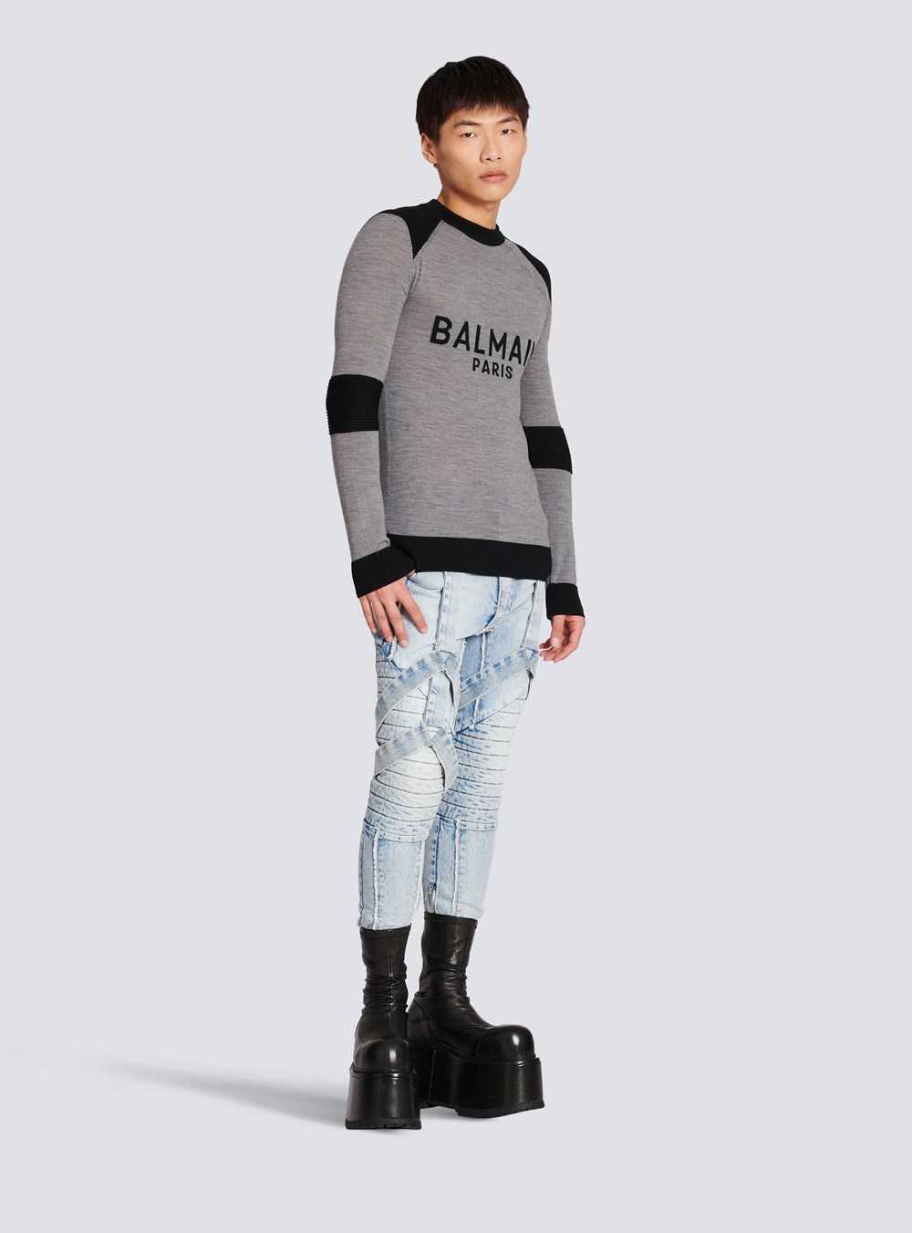 Balmain Wool Jumper With Balmain Paris Logo Grey | GUHQLDA-32