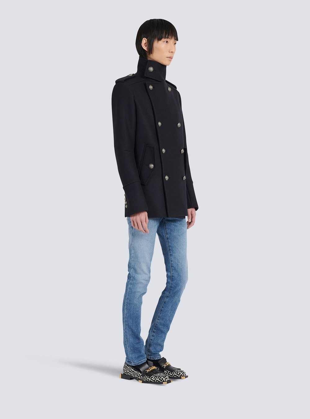 Balmain Wool Military Pea Coat With Double-breasted Silver-tone Buttoned Fastening Black | AOYMLNQ-09