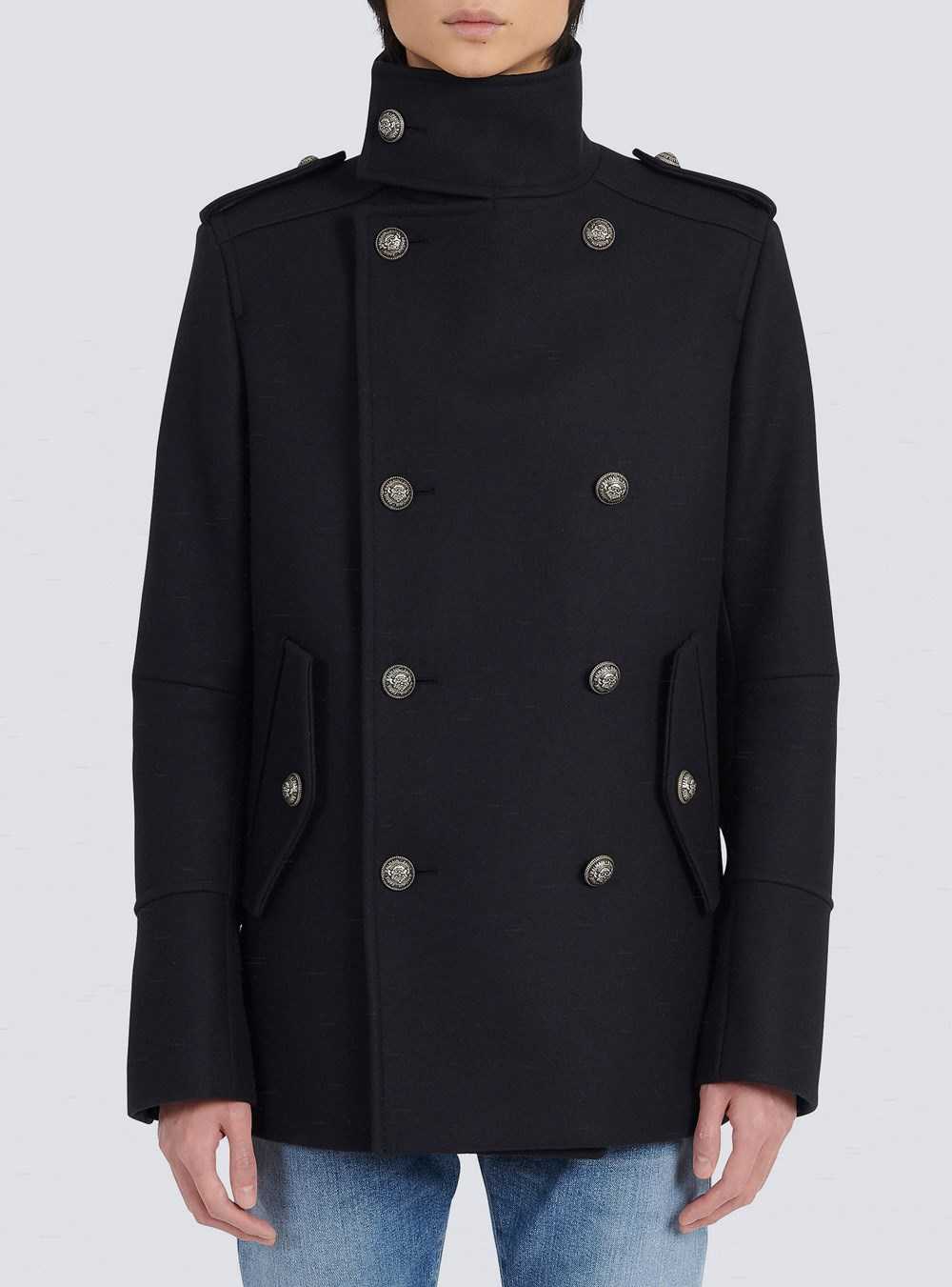 Balmain Wool Military Pea Coat With Double-breasted Silver-tone Buttoned Fastening Black | AOYMLNQ-09