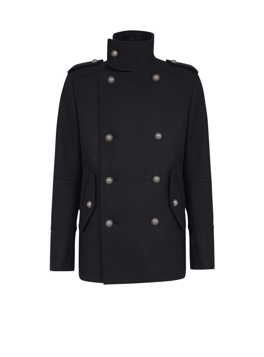 Balmain Wool Military Pea Coat With Double-breasted Silver-tone Buttoned Fastening Black | AOYMLNQ-09