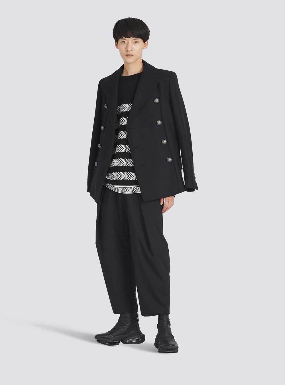 Balmain Wool Pea Coat With Double-breasted Silver-tone Buttoned Fastening Black | LAHVCPZ-74