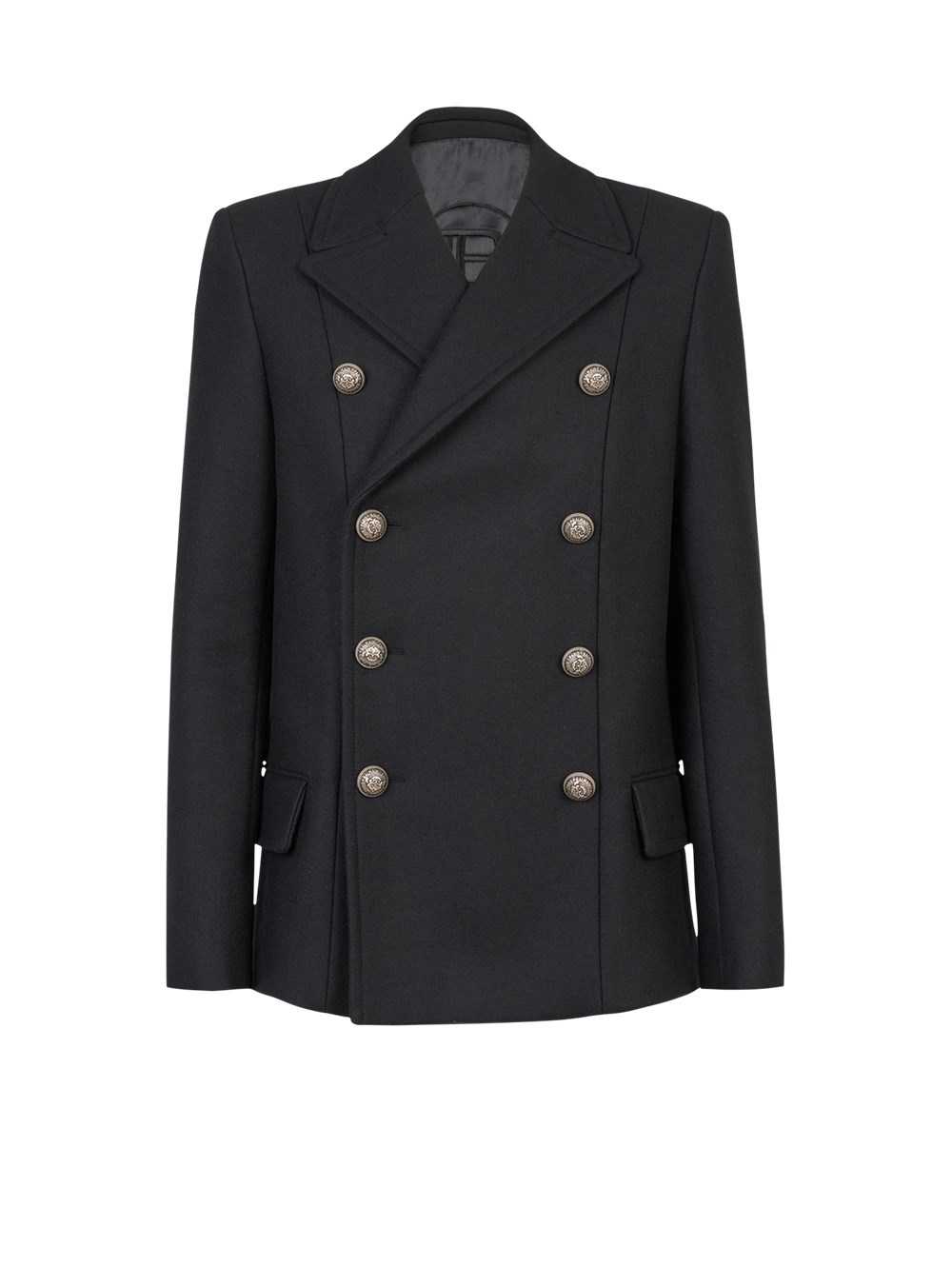 Balmain Wool Pea Coat With Double-breasted Silver-tone Buttoned Fastening Black | LAHVCPZ-74