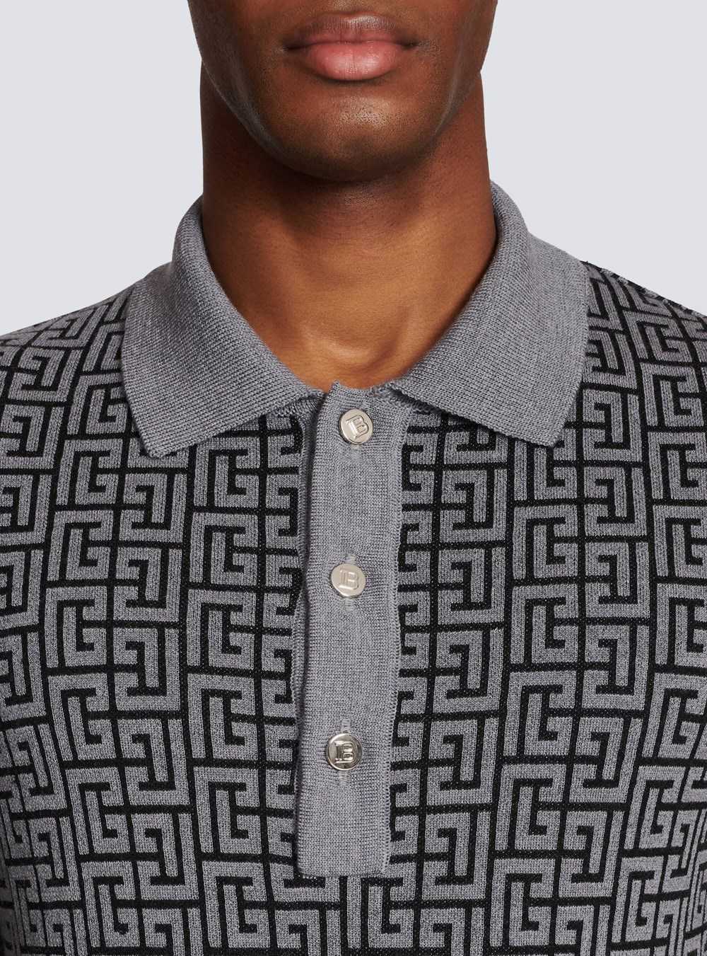 Balmain Wool Polo Shirt With Balmain Monogram Grey | HKEVZLR-26